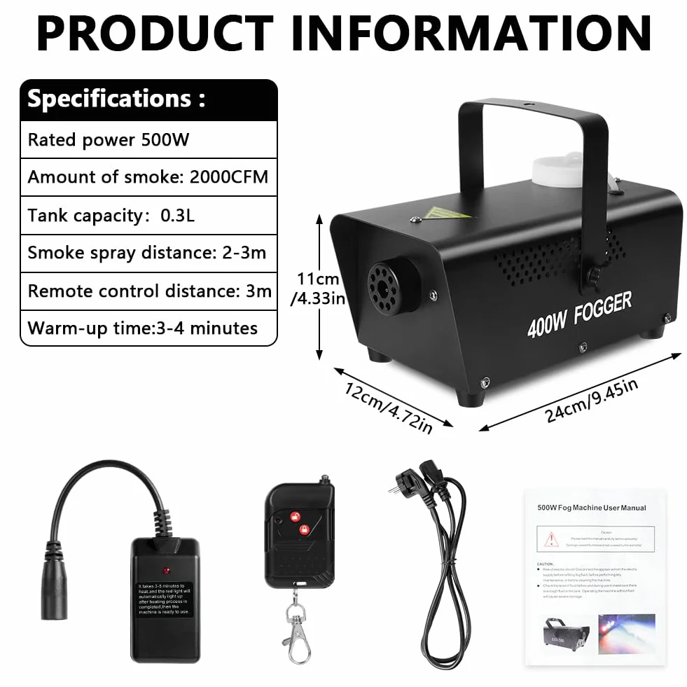 HOTUT Máquina de Humo, 500W Máquina de Humo con Control Remoto, 0.3 litros, Portátil Máquina de Humo con Mando a Distancia y Función de Pulverización Automática para DJ, Bodas, Fiestas, Navidad