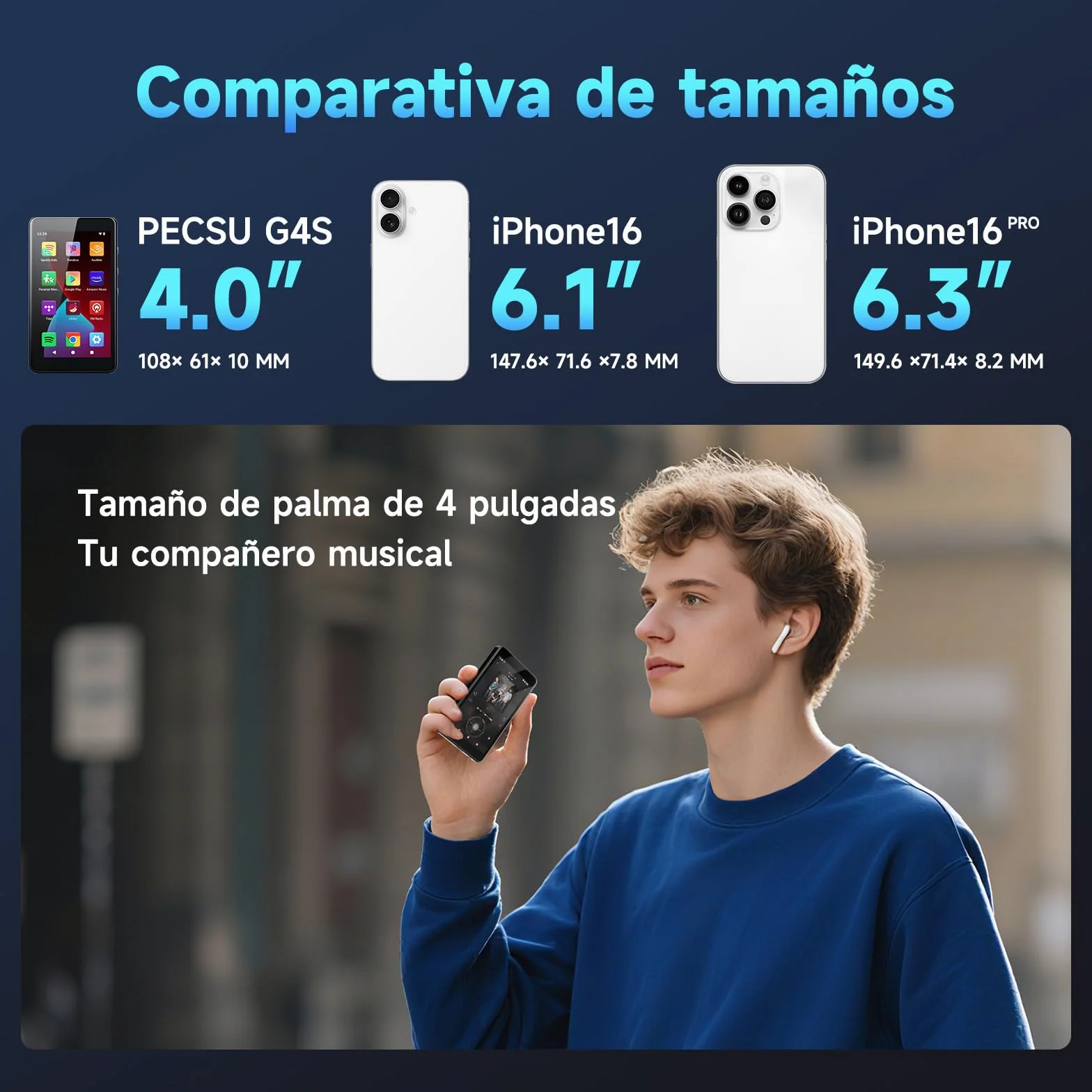 Reproductor MP3 Android 14 con Spotify, Play Store, Amazon Music, Audible, Libby, Reproductor de música MP4 con Pantalla táctil de 4" para niños con Control Parental, Modo Eye-Care (Negro Brillante)