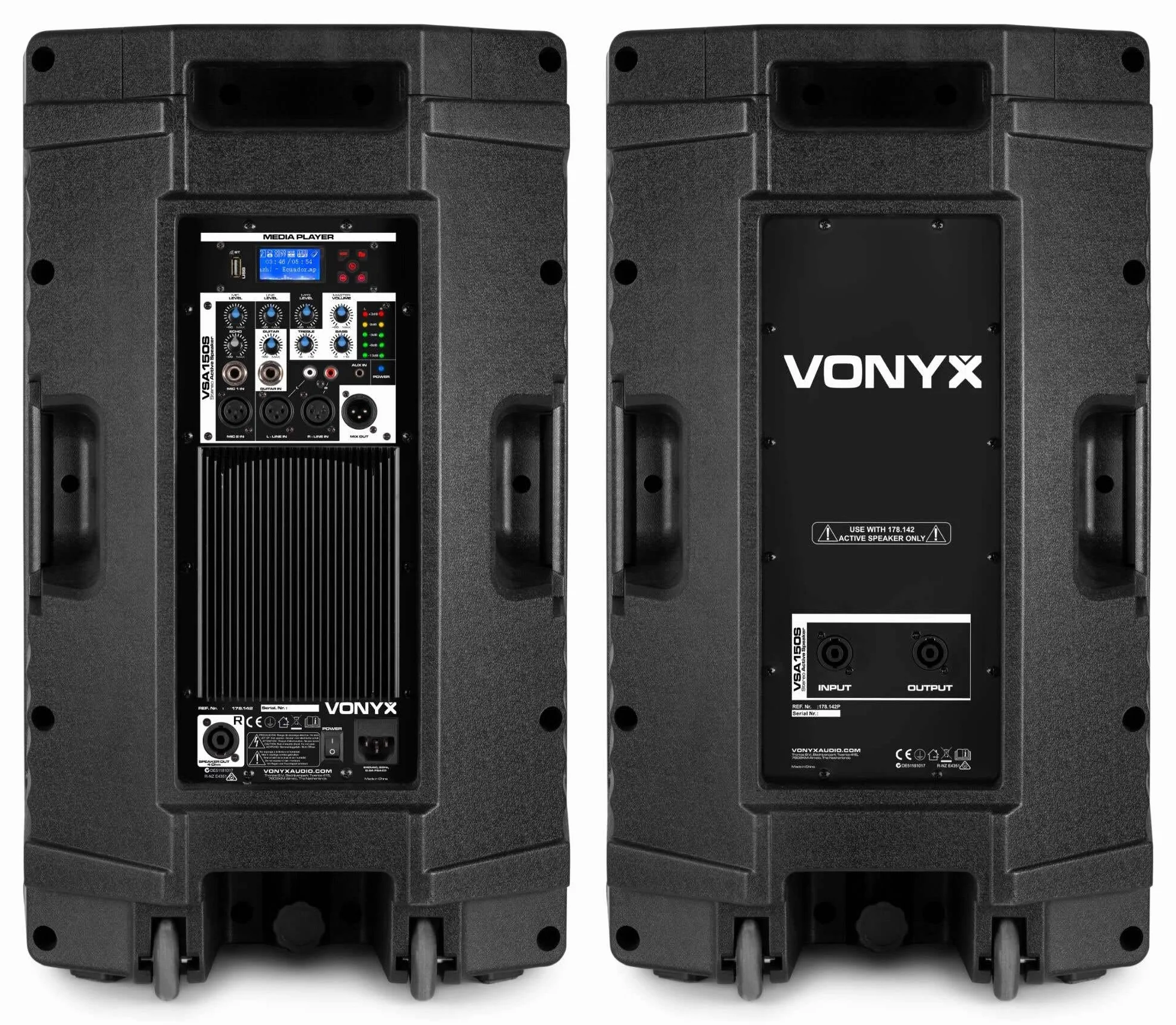 Vonyx VSA150S Sistema de PA Activo portátil 1000 W con 2 Altavoces de 15”, Bluetooth, USB MP3, entradas Micro y Guitarra, Soportes, Fundas Protectoras y Mando a Distancia