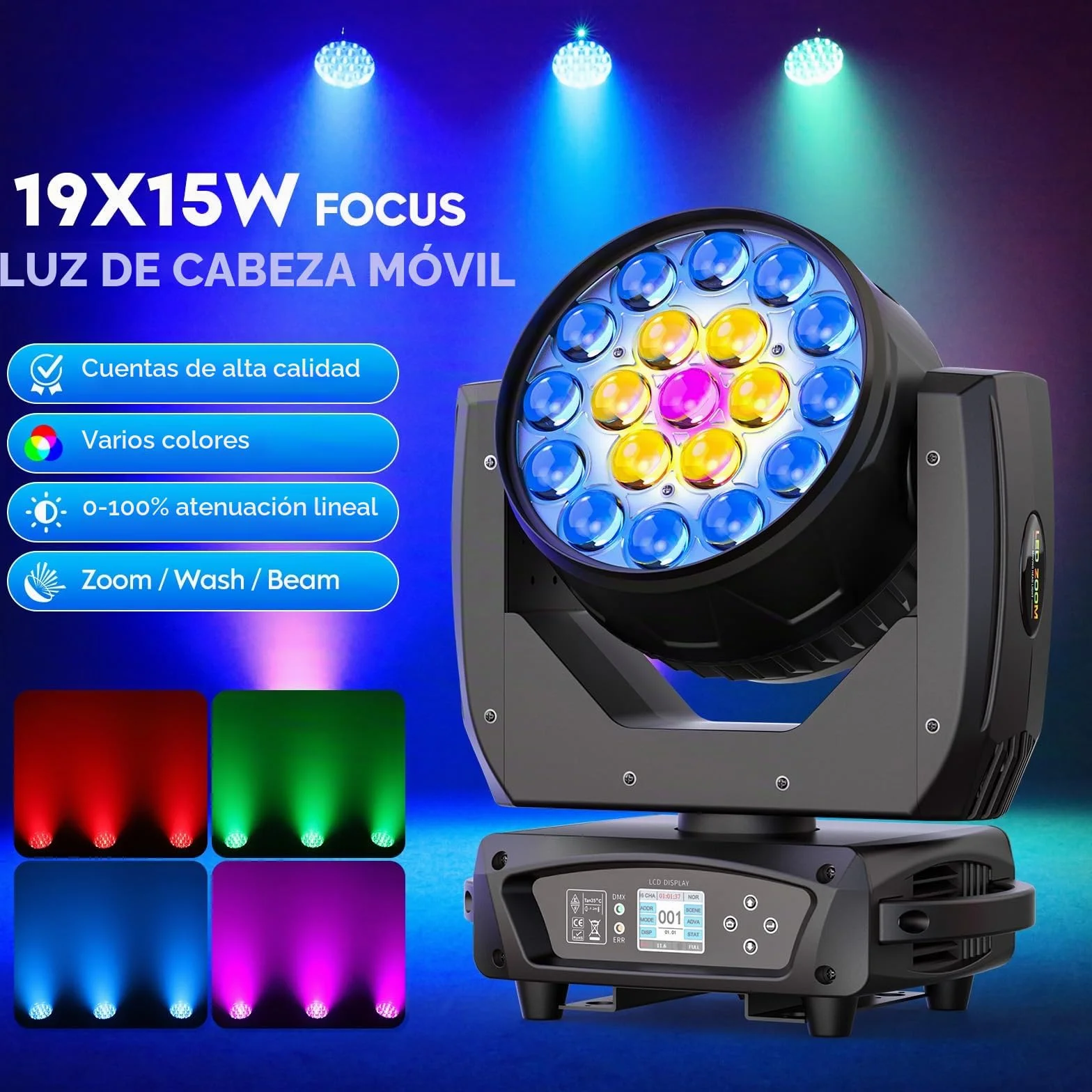 2 Piezas 19 X 15W Wash Zoom Cabeza Móvil, RGBW 4 en 1 LED Enfocando Luz 4 Modos de Control Profesional Escenario Moving Head para Fiesta KTV Concierto Bar Festival Boda Discoteca