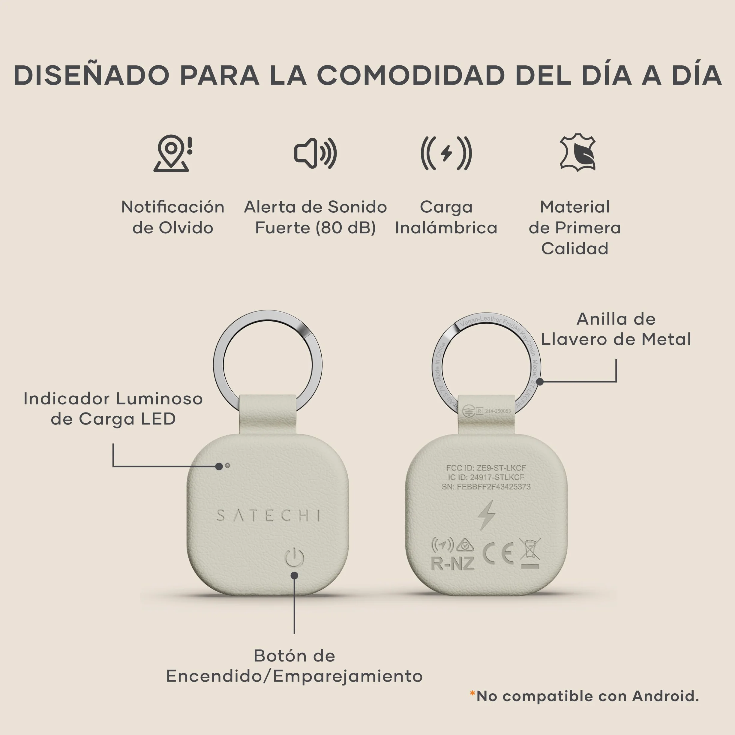 SATECHI FindAll Buscador de Llaves con Apple Find My, Carga Inalámbrica, Alerta de Olvido con Sonido Potente, Llavero GPS Localizador de Llaves para iPhone, iPad, Mac y más – Beige