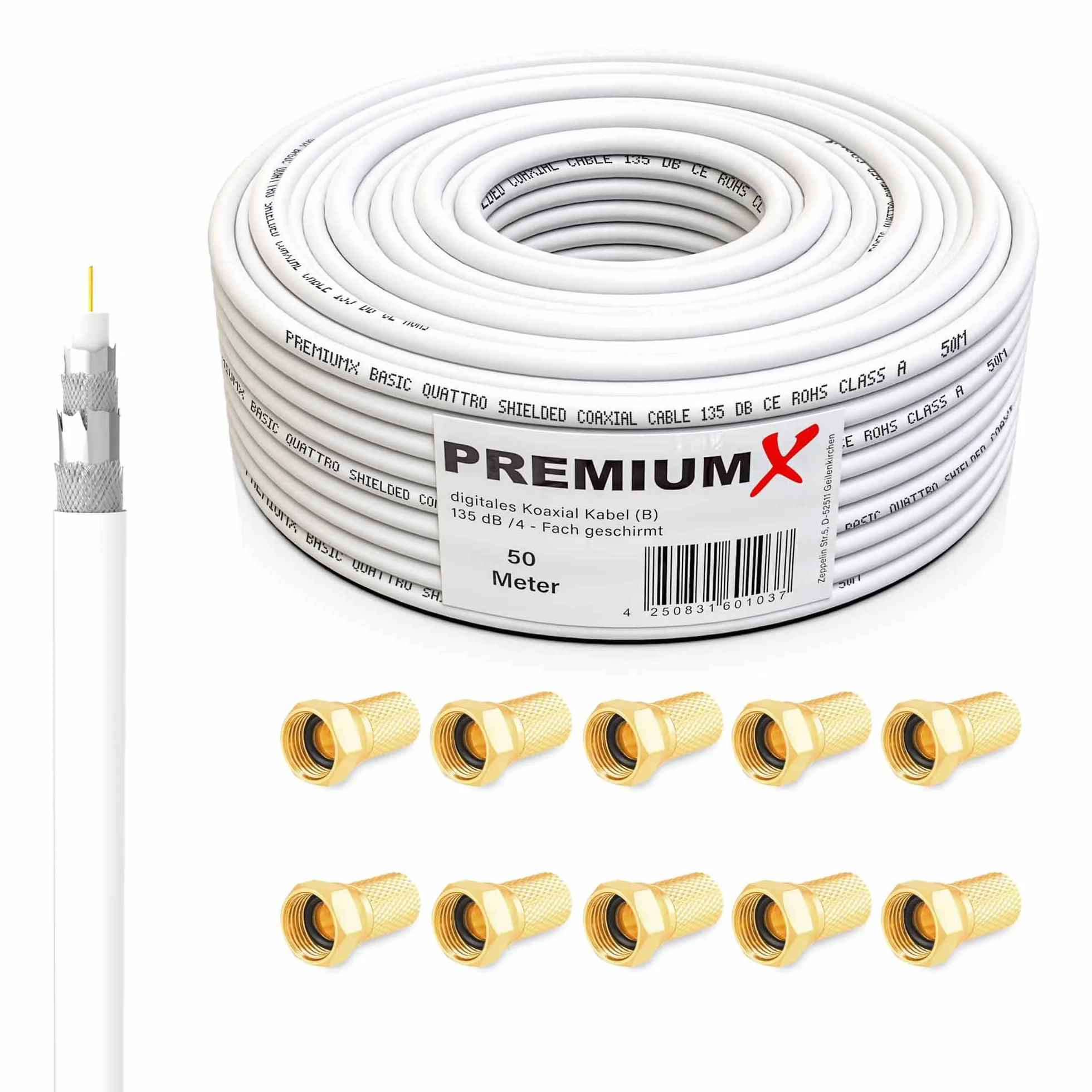 Cable coaxial 50m blindaje aluminio cuádruple 135dB DVB-S/S2 DVB-C DVB-T conectores F