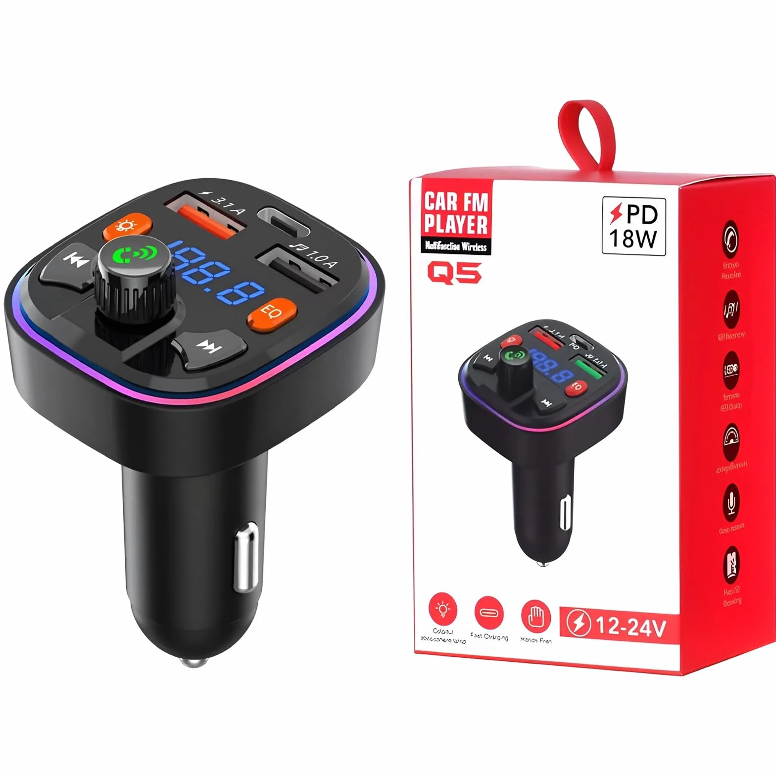 Transmisor FM Bluetooth, Tipo-C PD 20W & QC 3.0 Cargador Rápido del Coche, Bluetooth Reproductor MP3 Adaptador de Radio Inalámbrico Kit Transmisor FM Coche Cargador, Llamadas Manos Libres MP3 Soporte