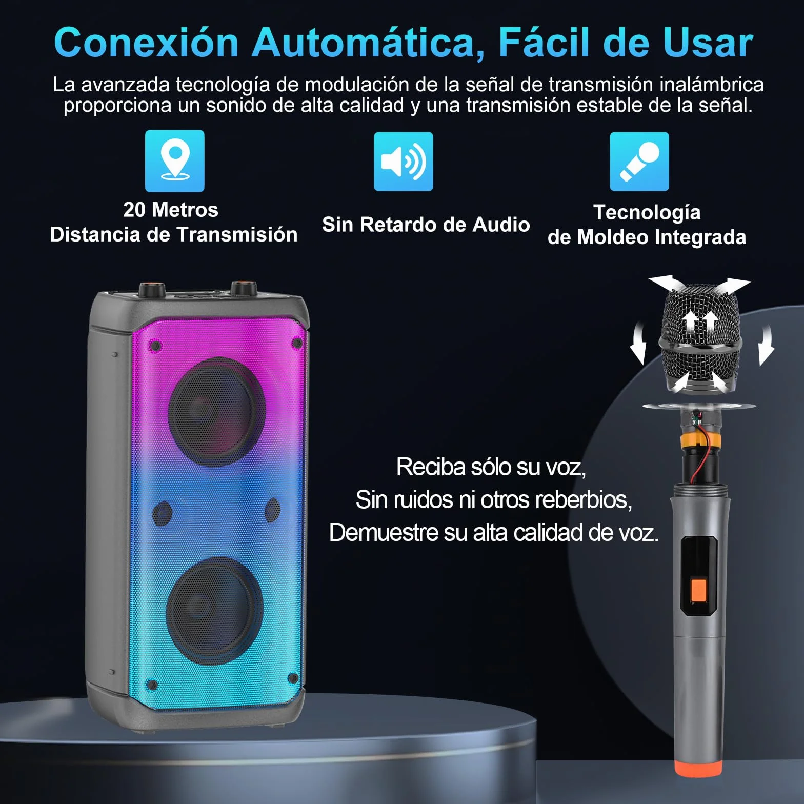 Máquina de Karaoke 2 Micrófonos Inalámbricos, Máquina de Karaoke Portátil para Adultos y Niños, Sistema PA con Luces LED, Altavoz Bluetooth Soporta para Tarjeta TF/USB, Entrada AUX, Rec,TWS