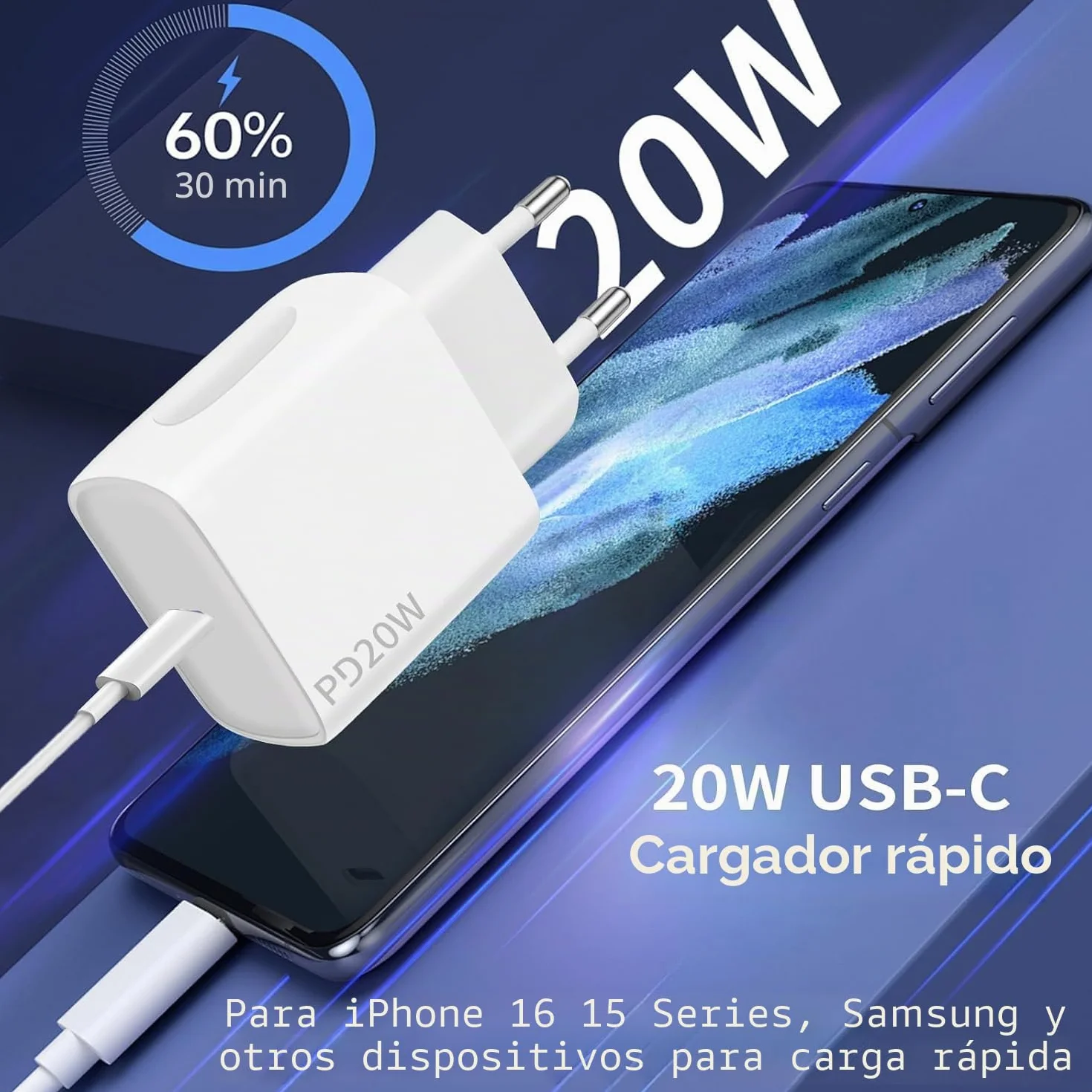 Cargador USB C 20 W 2 Paquetes Enchufe USB C Rápido Cable USBC 2x2m para iPhone 16 15 Pro MAX Samsung Galaxy iPad Huawei Xiaomi