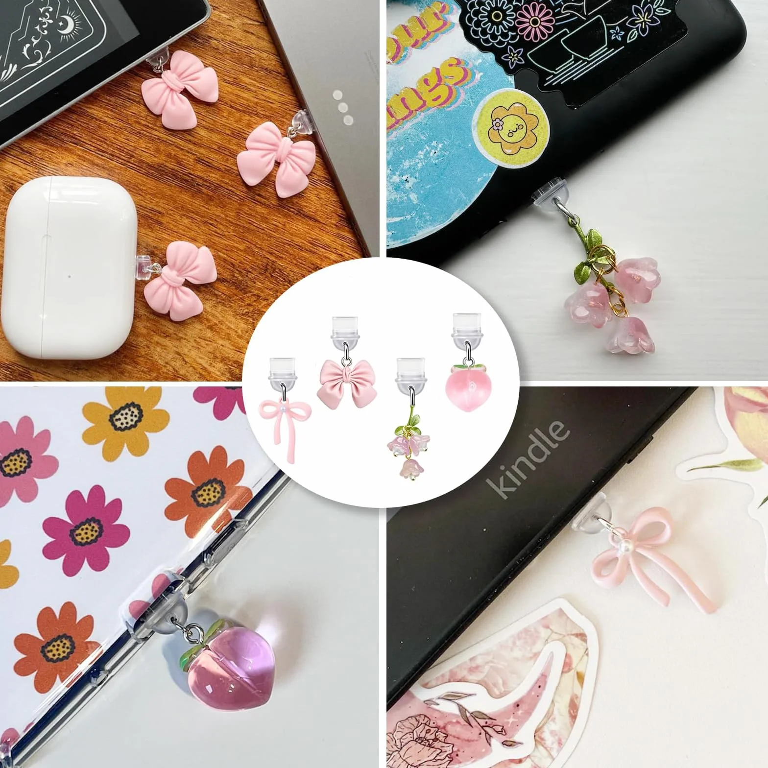VelvetGlow 4 Piezas Charms Protector Polvo Lazo Rosa Compatible E-Reader Kindle iPad Puerto Carga Tipo C USB C