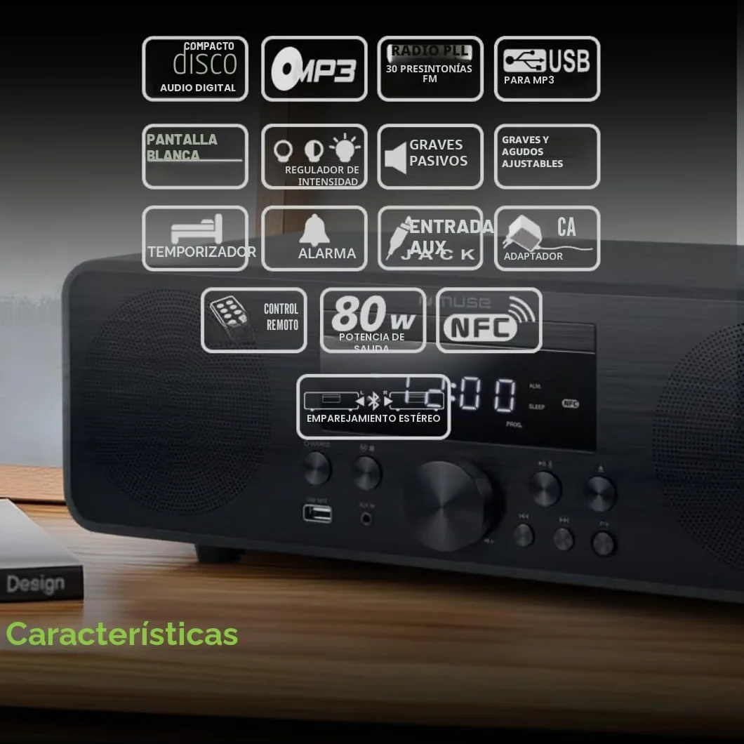 Muse M-880 FBC - Microsistema Bluetooth con CD, FM y USB, diseño de Madera con NFC y función Despertador. Radio FM PLL con 30 emisoras memorizables. Potencia de salída 80W.