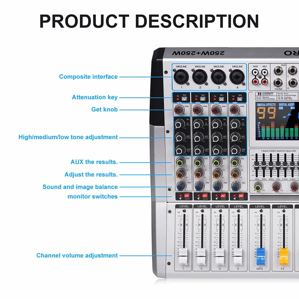 Mezclador de audio VR-6 PRO, 550W x 2 amplificador de salida de alta potencia, 99 efectos DSP, consola de DJ de audio bluetooth, pantalla de espectro de pantalla grande, sintonizador de DJ con