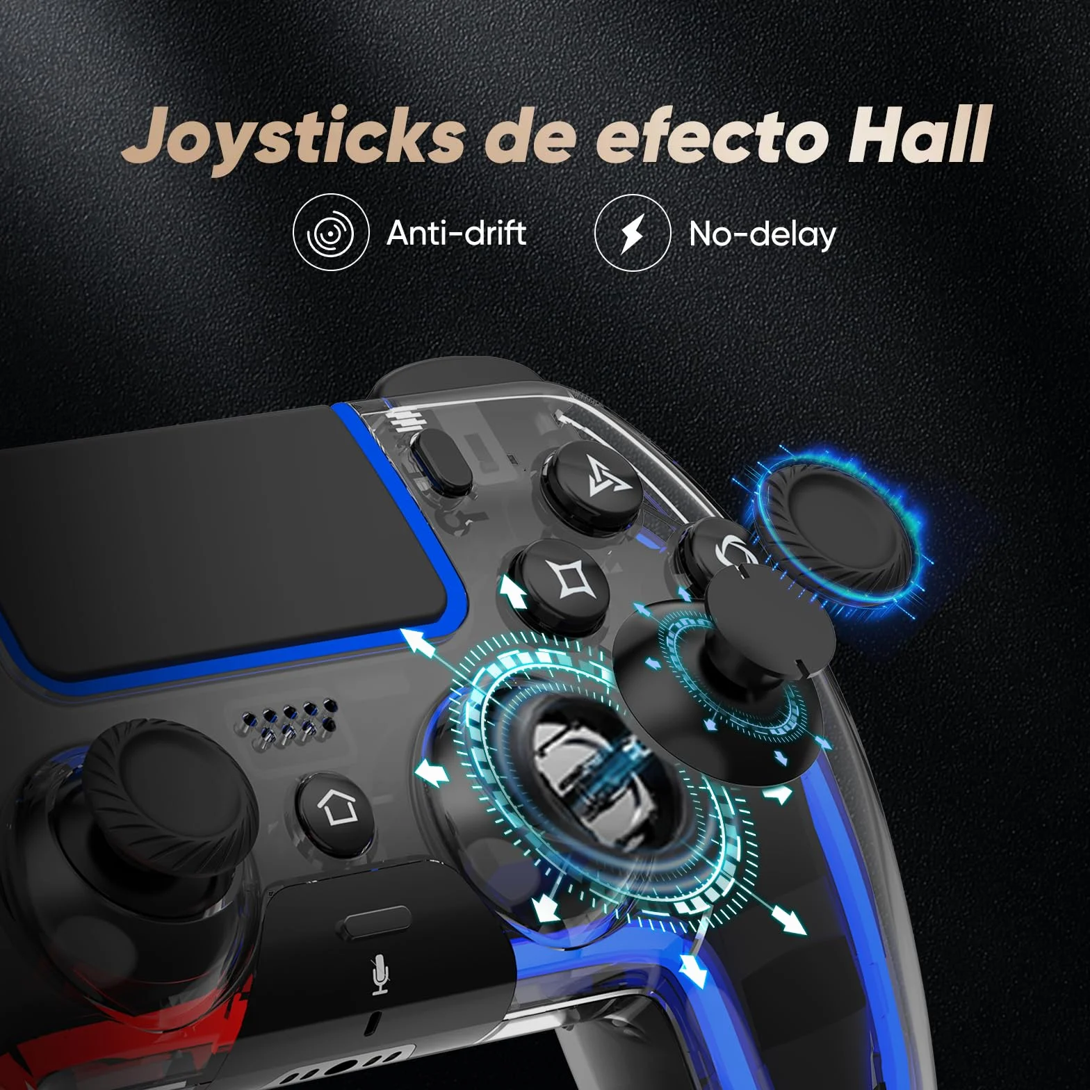 BETMI Mando inalámbrico compatible con PS5, con joystick de efecto Hall, doble vibración, macros, turbo, sensor de 6 ejes, luces RGB dinámicas y altavoz integrado (Transparent)