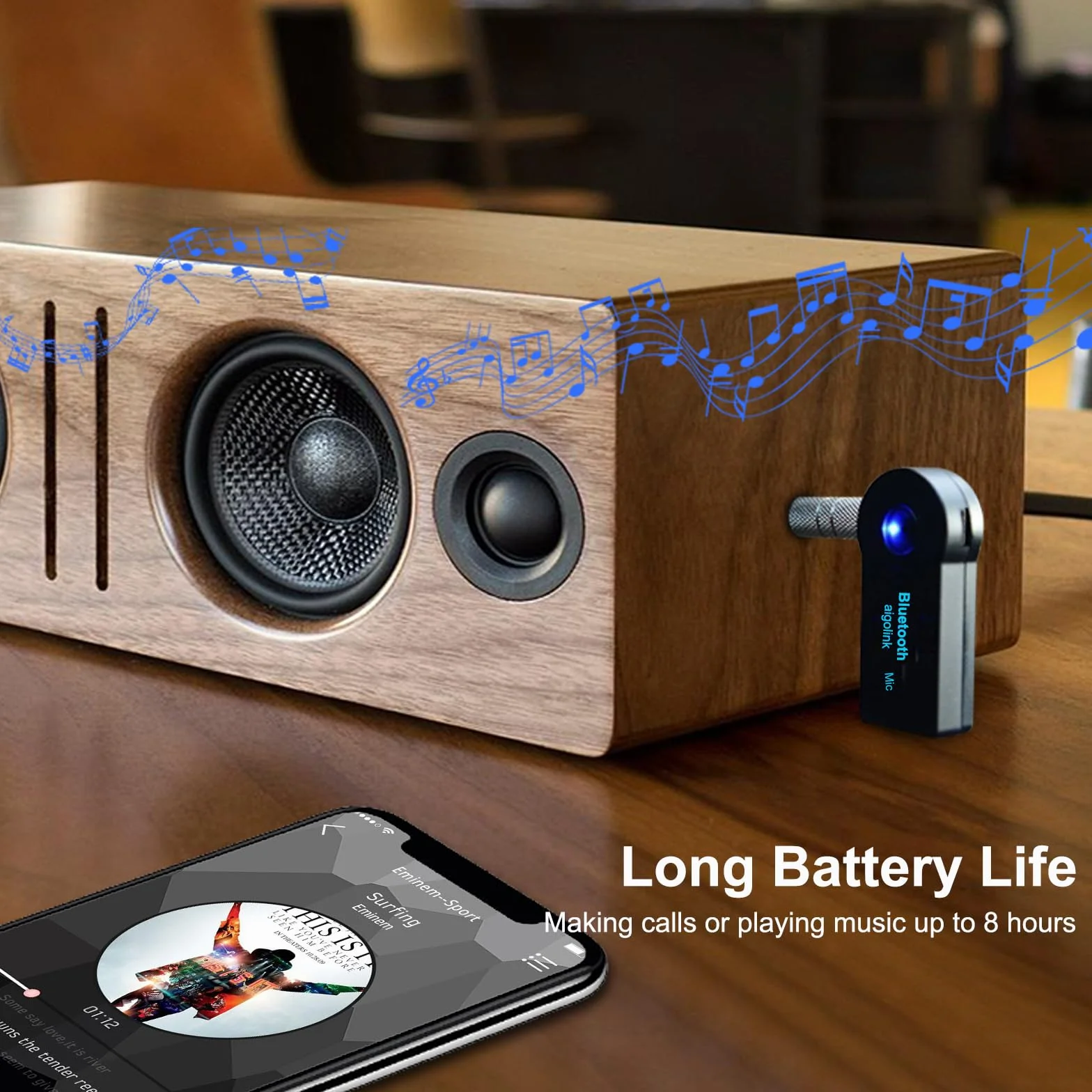 Receptor Bluetooth Jack 3.5mm, AUX Adaptador Audio Bluetooth con 8Hrs de Musica Streaming, Llamadas Manos Libres para Coche/Estéreo Domestico/Altavoz/Auriculares con Cable