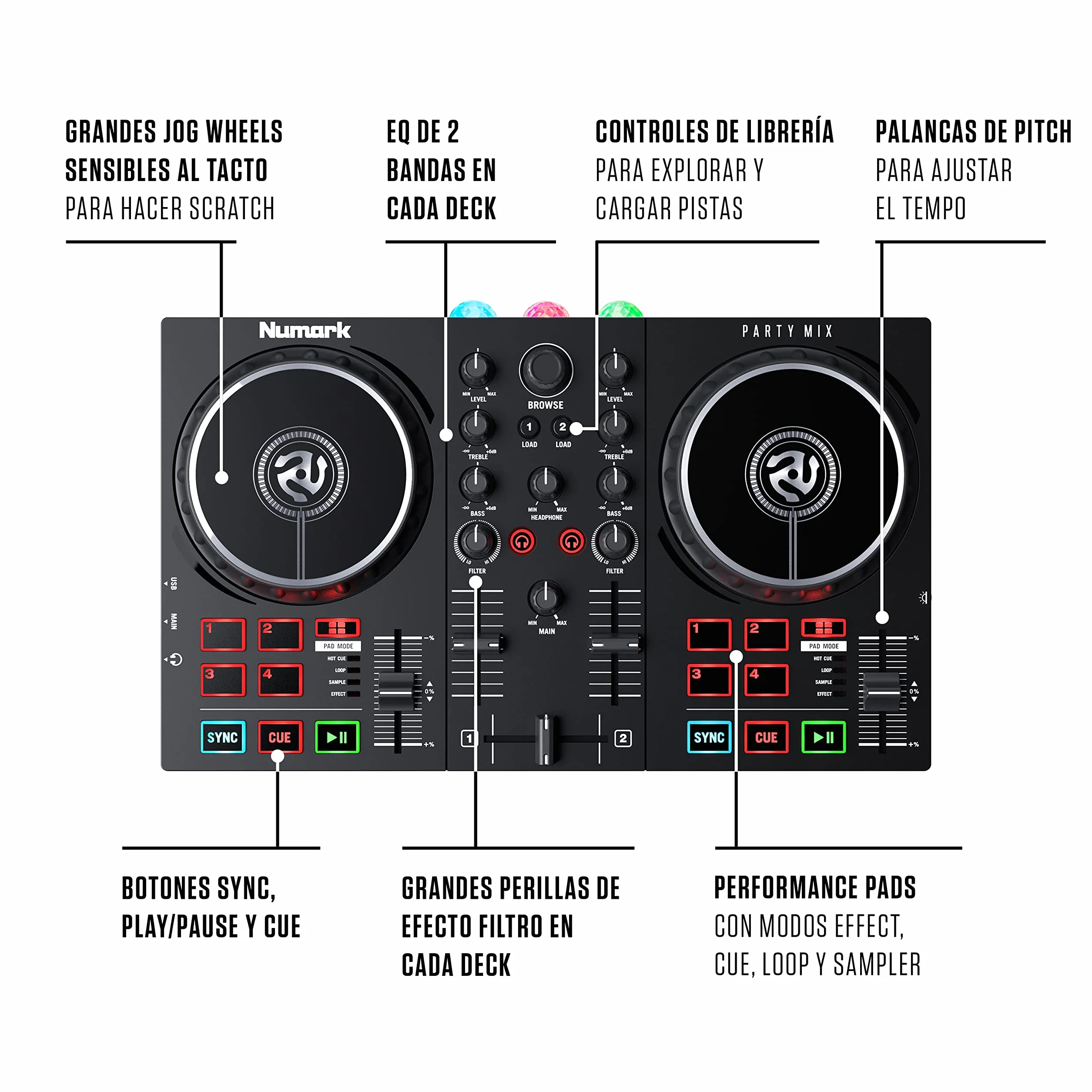 Numark Party Mix II Controladora DJ, Mesa de Mezclas Con Luces Integradas, Mezclador DJ e Interfaz Audio, Con Serato DJ Lite