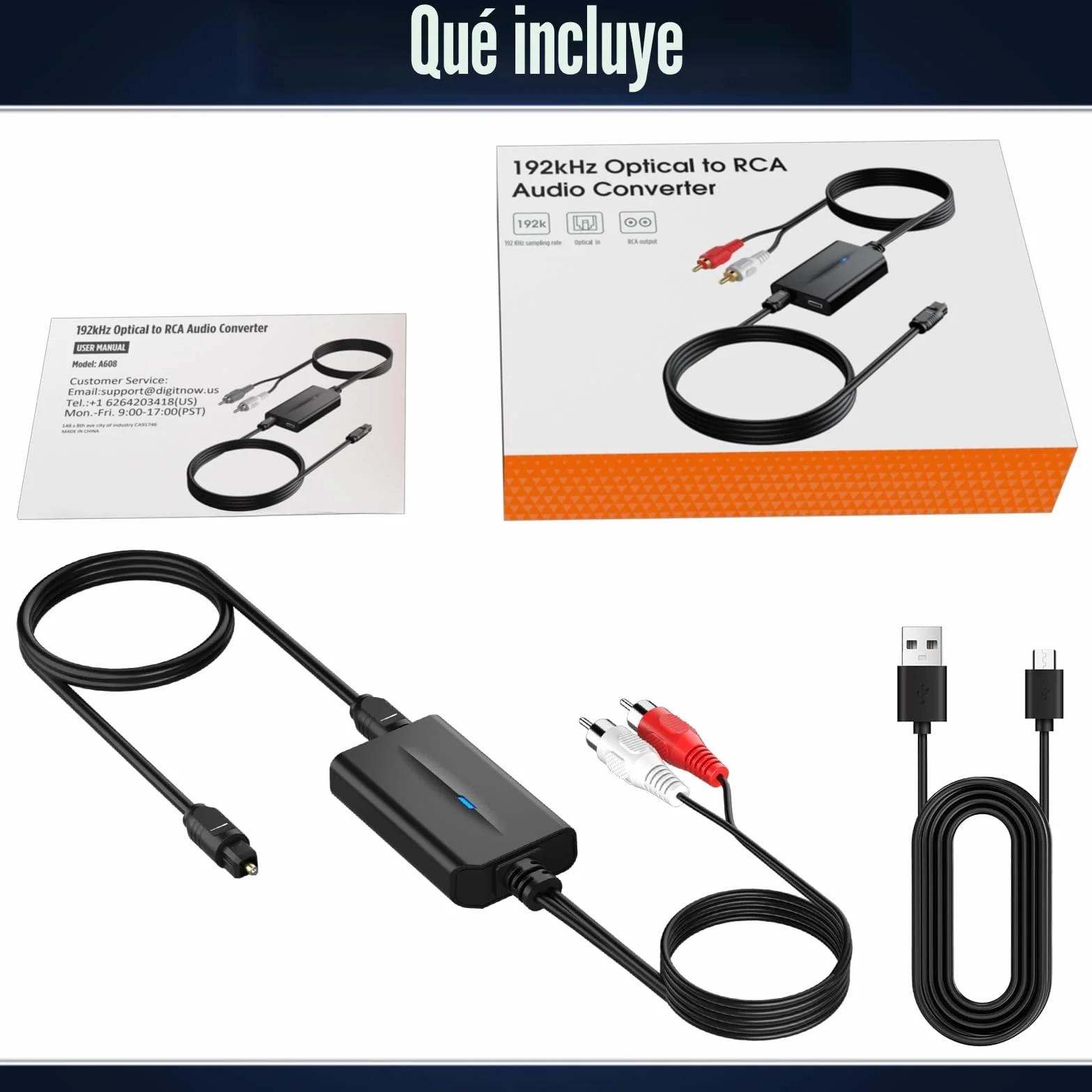 Convertidor Digital a Analógico DAC 192kHz Óptico Toslink SPDIF a RCA con Cable RCA Macho Integrado