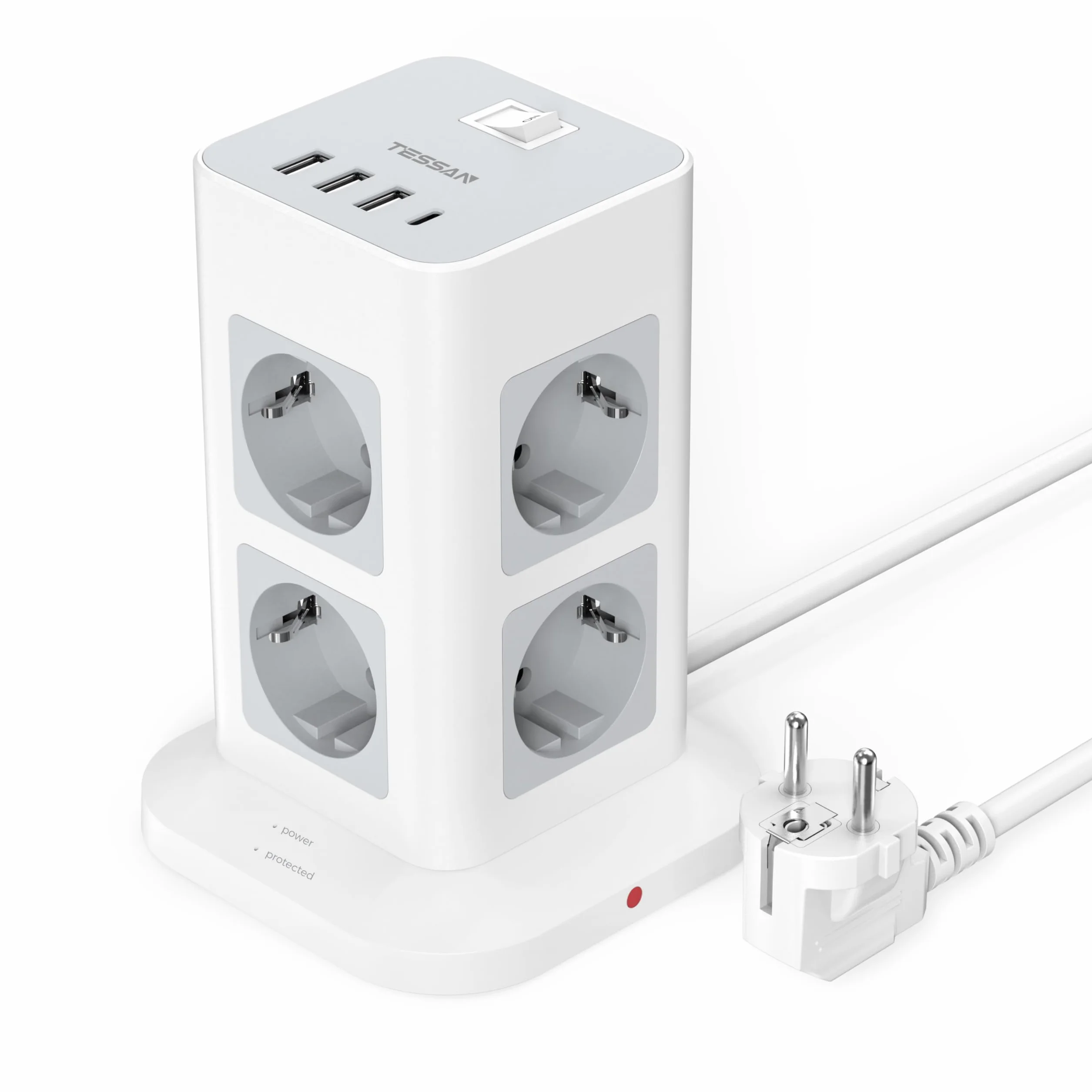 TESSAN Regletas Enchufes Proteccion Sobretension 8 Tomas con 3 USB A y 1 USB C, Torre Enchufes Vertical con Interruptor, 2 Metros Extension Cord, Alargador Enchufe 3600W para Oficina, Casa, Gray