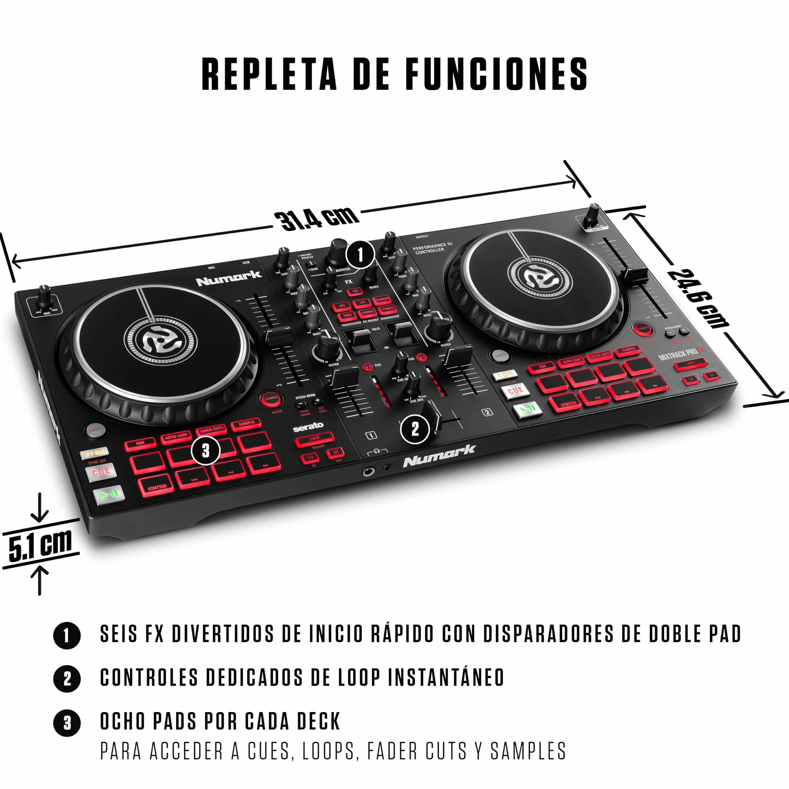 Numark Mixtrack Pro FX Controlador DJ de 2 Secciones para Serato DJ Con Mezclador DJ, Interfaz de Audio Incorporada, Ruedas de Selección Táctiles Capacitivas y Paletas de Efectos
