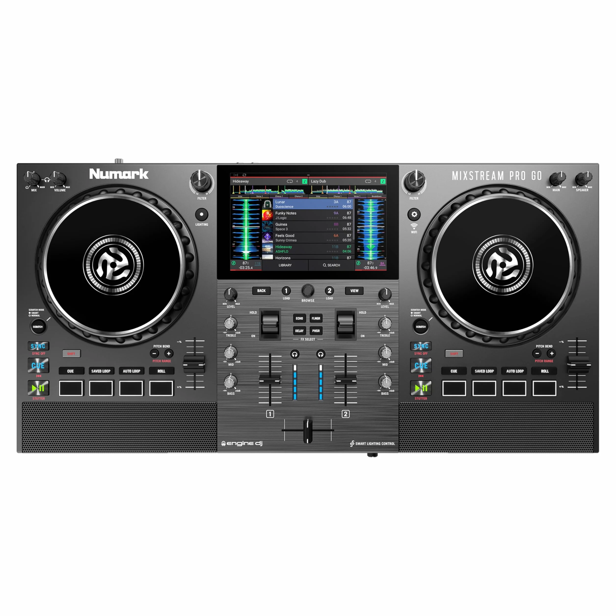 Numark Mixstream Pro Go Controlador DJ portátil, batería, mezclador con separación de stems, altavoces, streaming wifi, pantalla táctil y Serato DJ