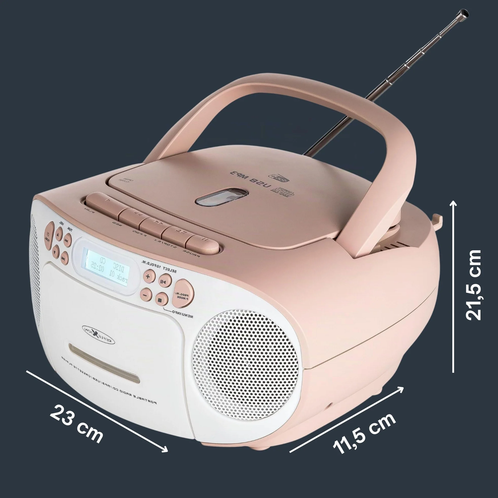 Reflexion RCR2260 Reproductor CD Casete Radio PLL FM Pantalla LCD Auxiliar Blanco Rosa