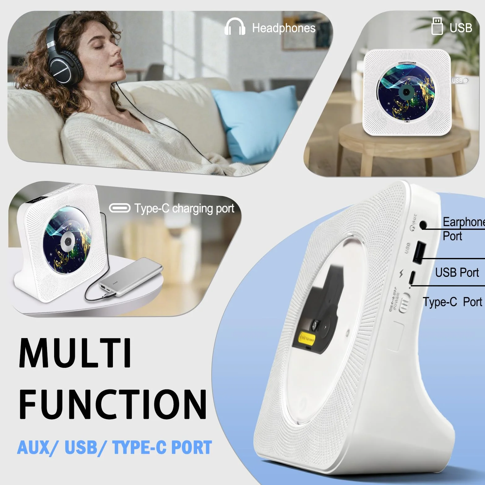 Reproductor CD Bluetooth con diseño de Escritorio, Reproductor de CD portátil con Doble Altavoces y Temporizador, Admite Entrada AUX/USB, Radio FM, Toma de Auriculares, Transmisión Bluetooth