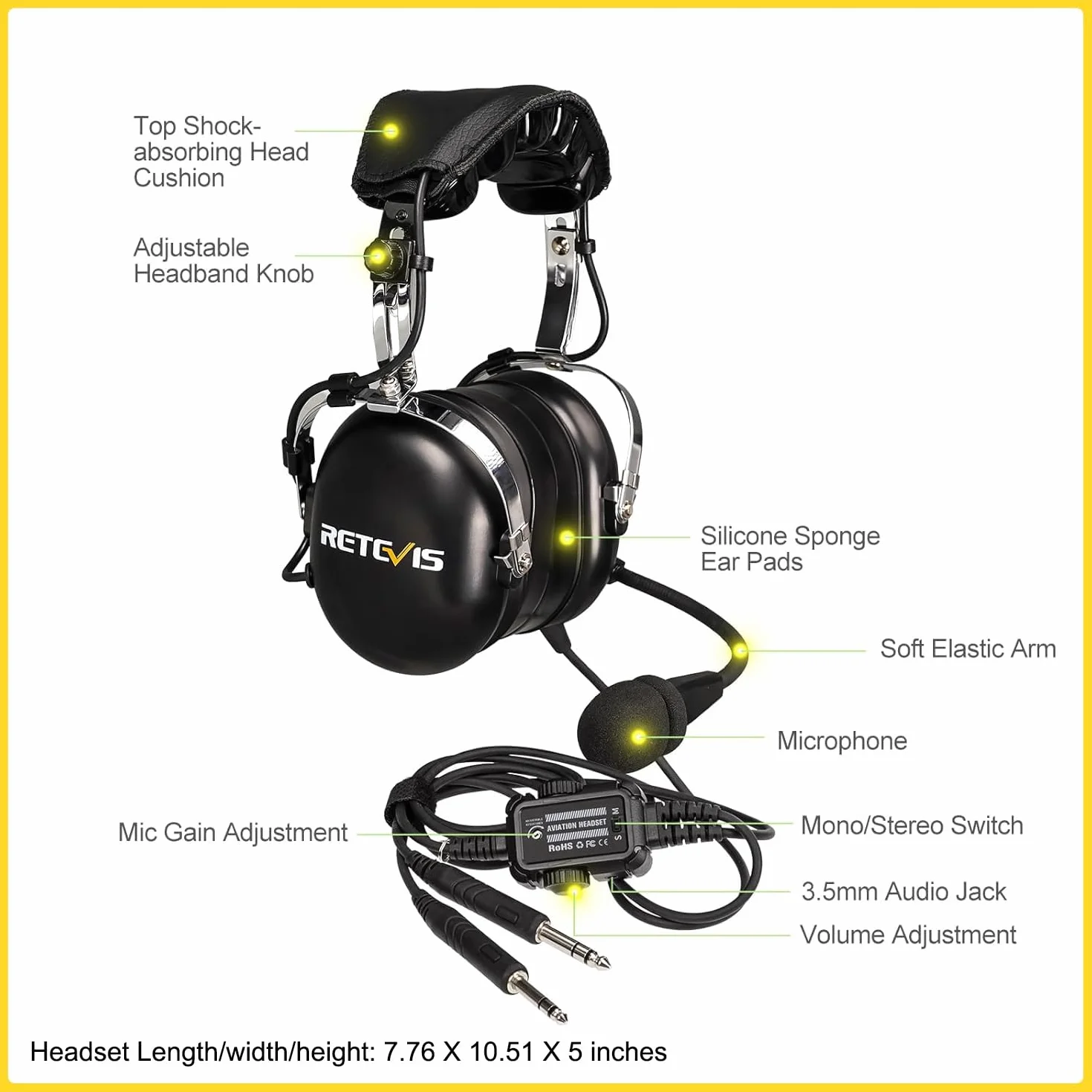 Retevis EHG001 - Auriculares de aviación Premium para Pilotos, Mono y estéreo, reducción de Ruido pasiva, micrófono con cancelación de Ruido, reposacabezas de Gel para Orejas, Diadema de Ajuste