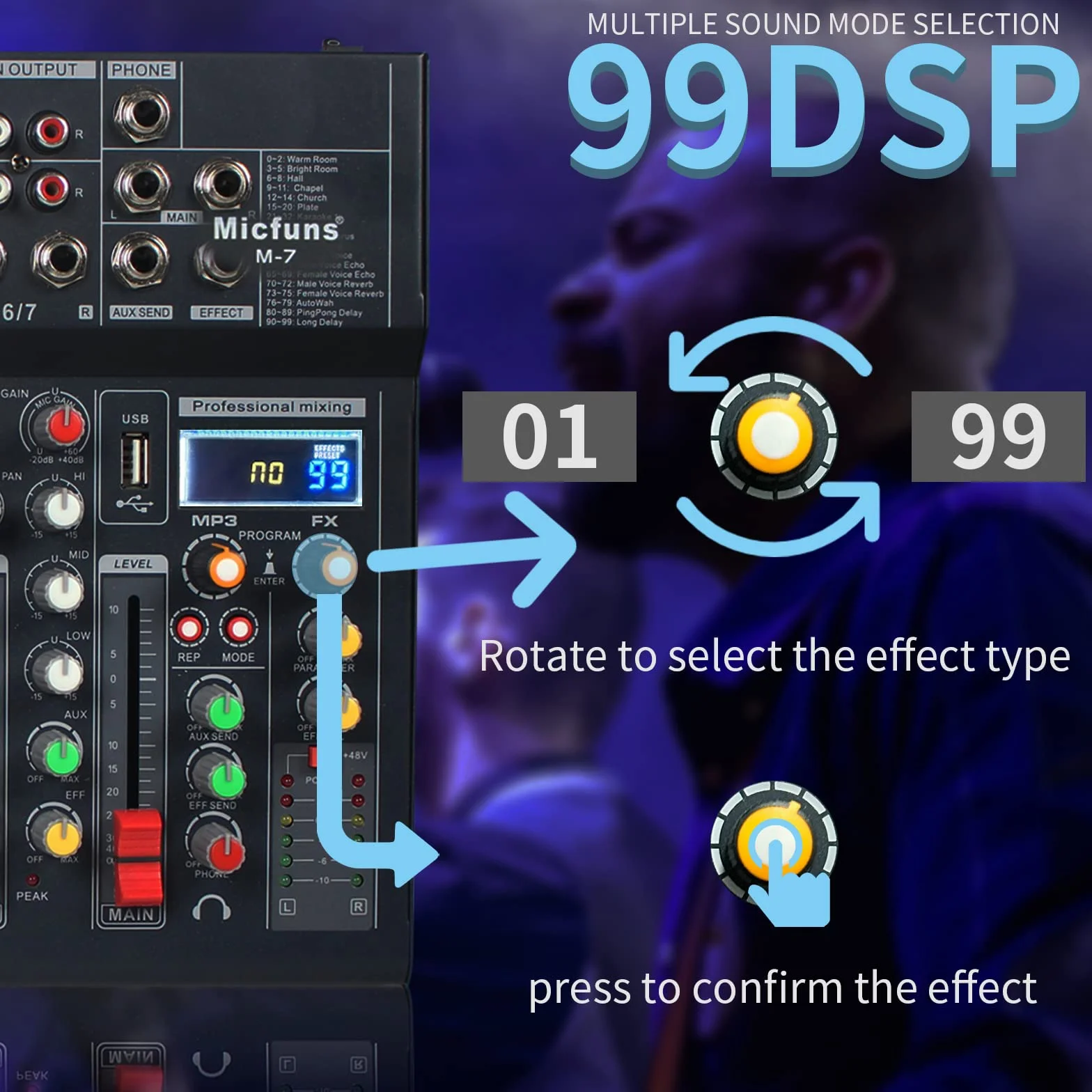M7 - Mezcladores de grabación sin alimentación de 5 V con 99DSP, MP3, USB, DJ, Bluetooth, consola mezcladora de audio de 48 V, tablas de mezcla de bandas de 7 canales para grabación de estudio