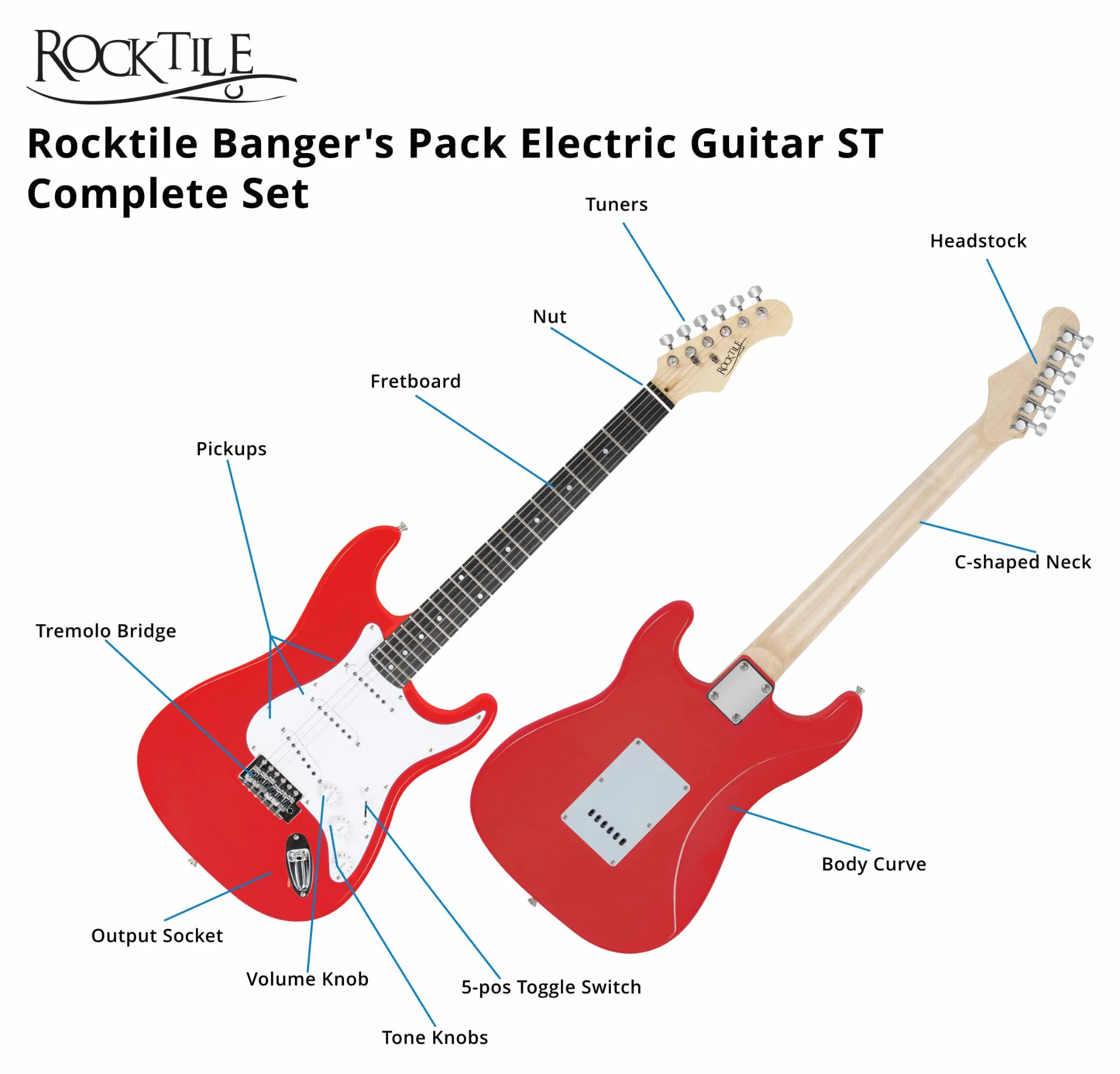 Rocktile Banger's Pack Kit de Guitarra Eléctrica Completo - Guitarra electrica con 3 Single-Coil pick-up - Juego con amplificador, bolsa, correa, cuerdas de repuesto y cable - Rojo