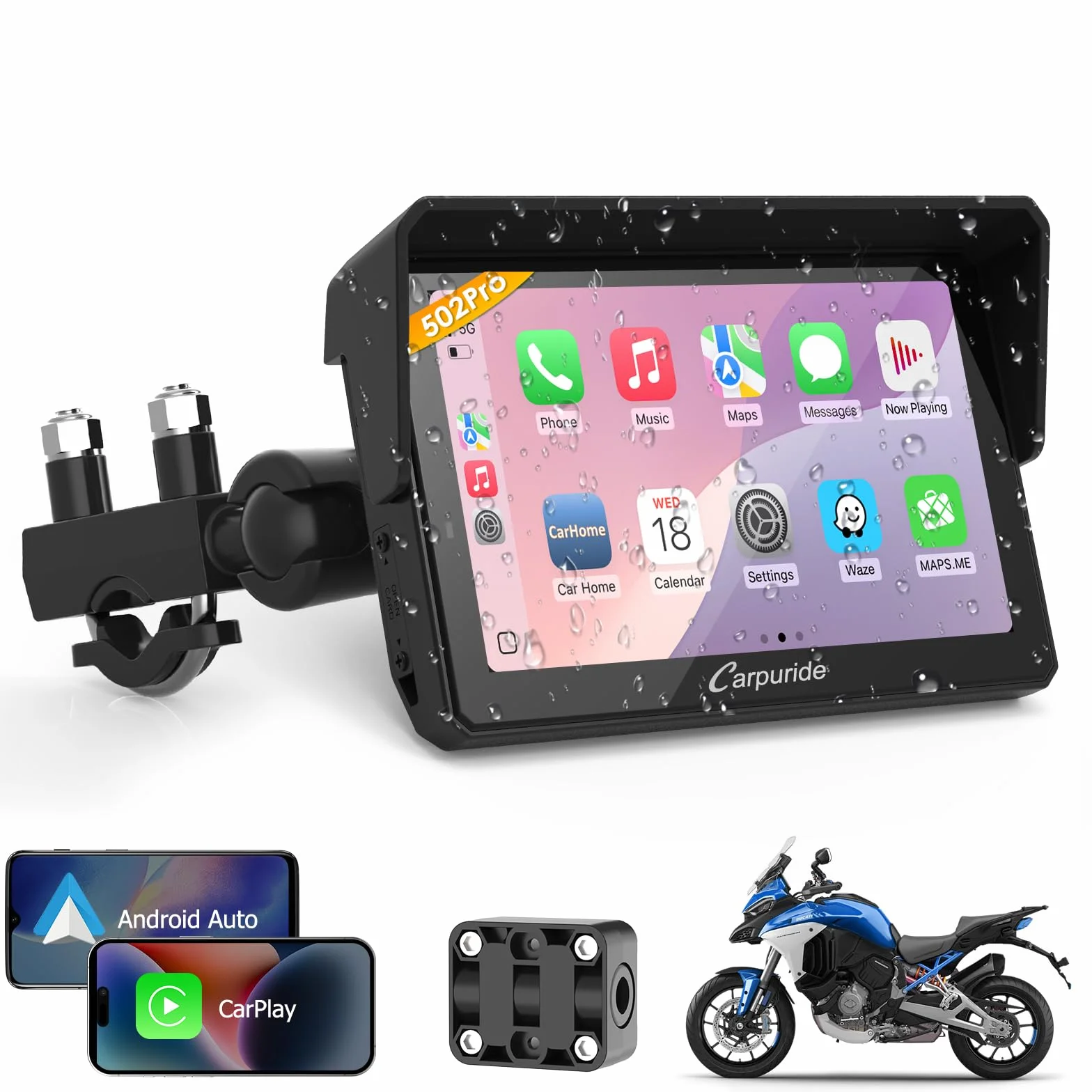 Carpuride W502PRO Motocicleta CarPlay Android Auto Bluetooth GPS 5 Pulgadas Impermeable