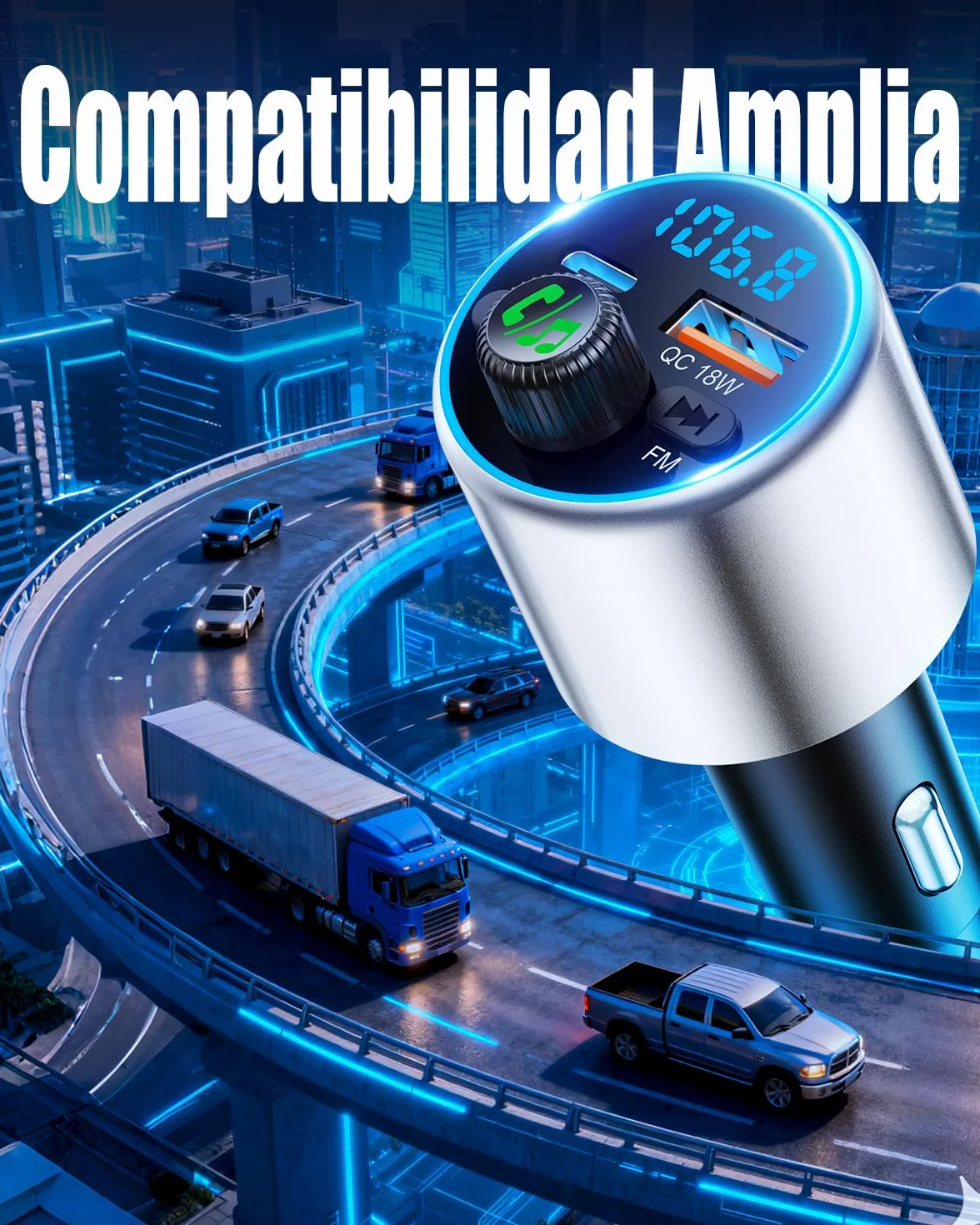 Transmisor FM Bluetooth Coche 5.3 Cargador Mechero Coche PD36W QC3.0 Adaptador Bluetooth Vehículos