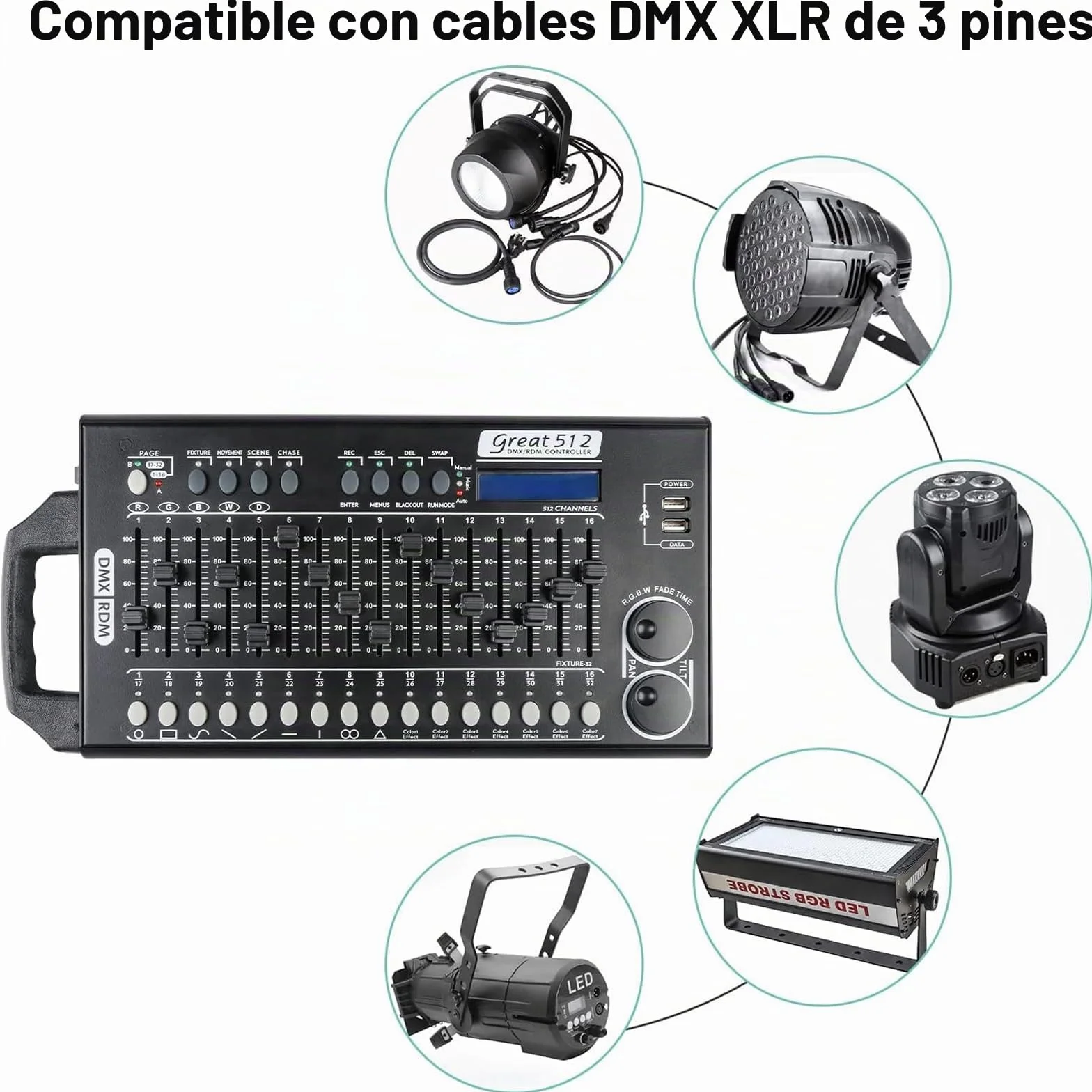 Controlador Dmx 512 Canales Dmx512 Controlador para Iluminación de Escenario, Mezcladores de iluminación Mesa Controladora de Luces Consola, Dmx Controller Con Programa Integrado y Función de Dip RDM