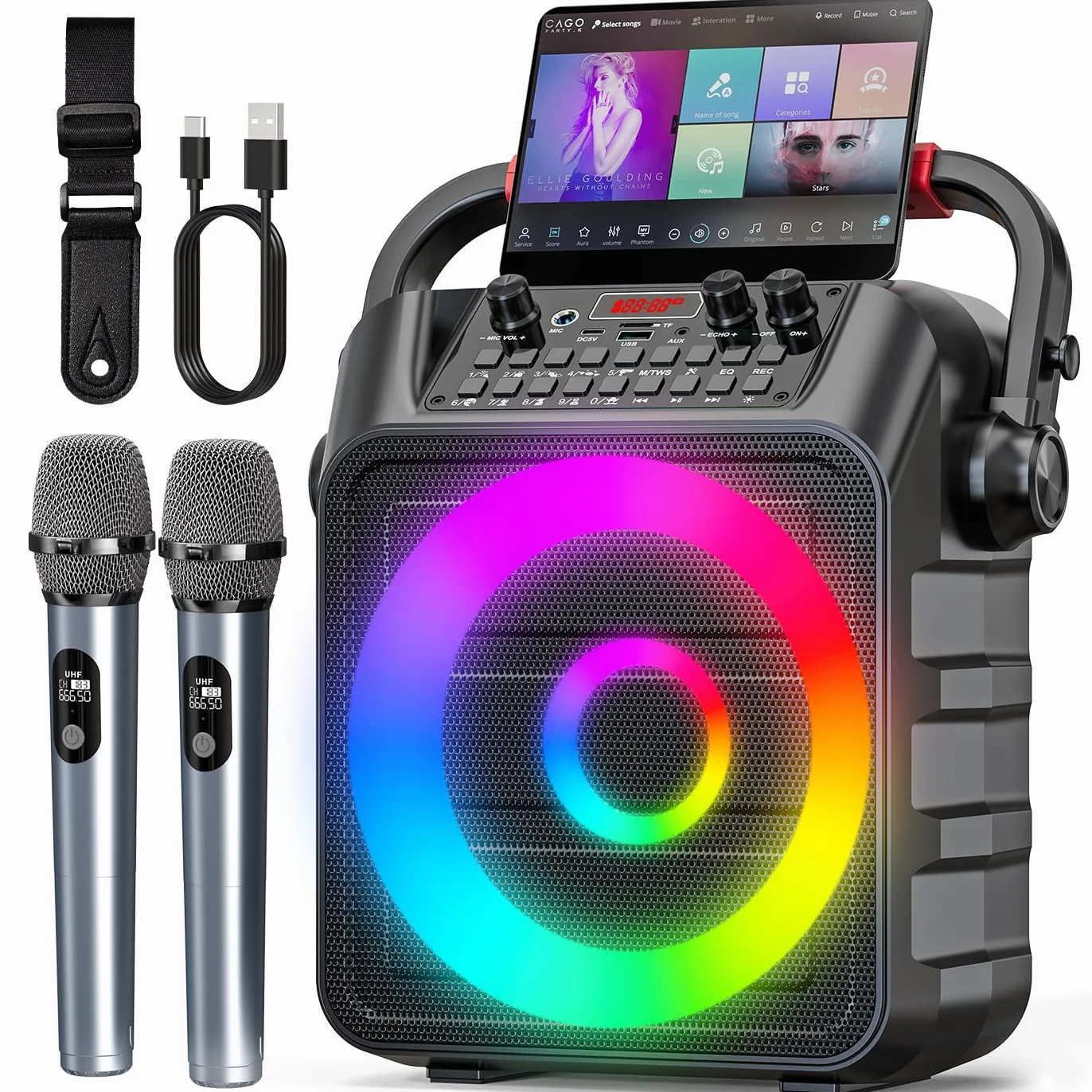 Máquina de Karaoke para adultoscon 2 micrófonos,Altavoz Profesional de Karaoke Bluetooth portátil con Luces LED,para Fiestas,Regalo,al Aire Libre,para TV,DJ.Sostener TF/USB/TWS/Mic/AUX