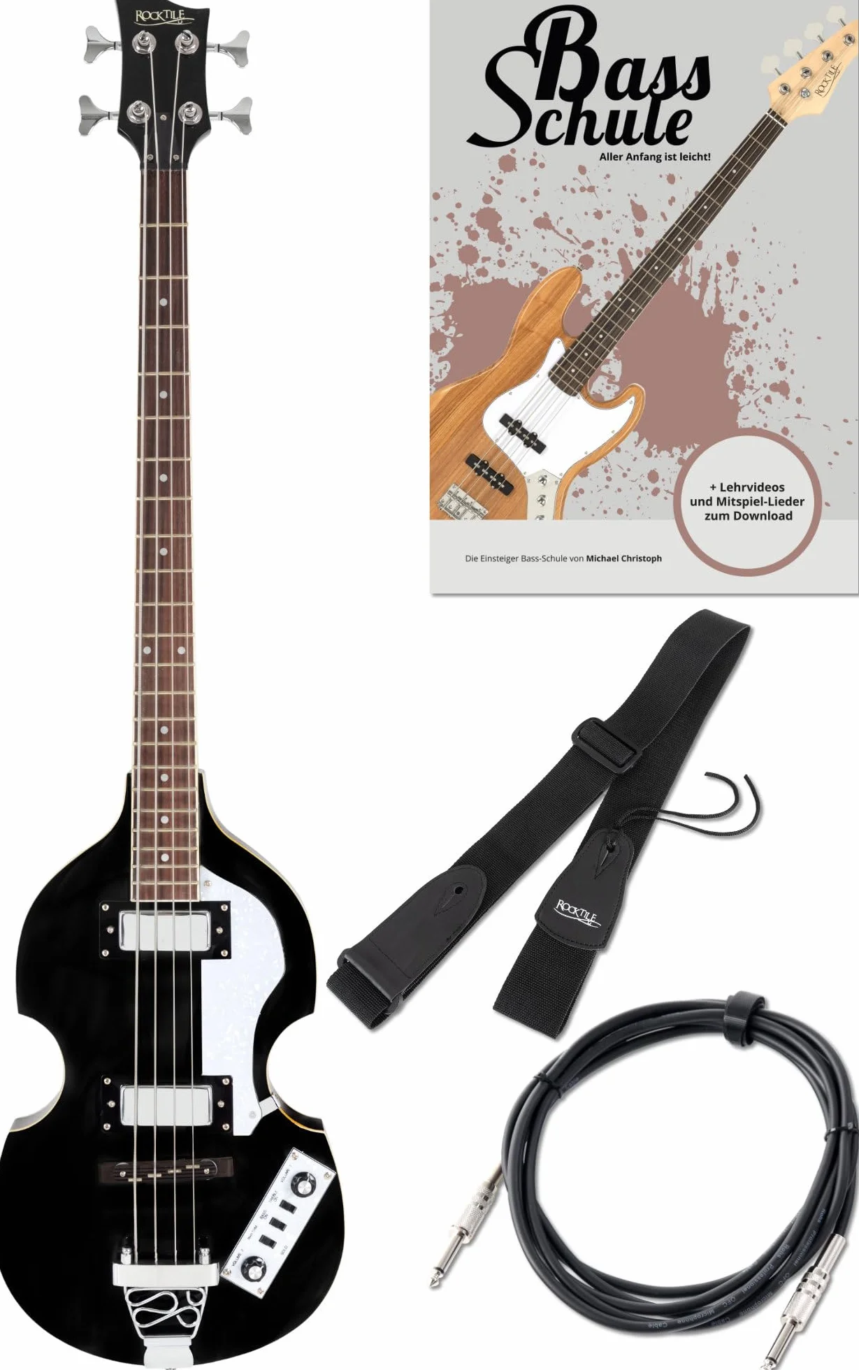 Rocktile VB-2 “Black Magic” Vintage Beatbass Set de Bajo Eléctrico - Hollow Body en diseño Violinbass con 2 Humbucker Pickups - incluye correa para guitarra, cable y escuela de bajo eléctrico - Negro