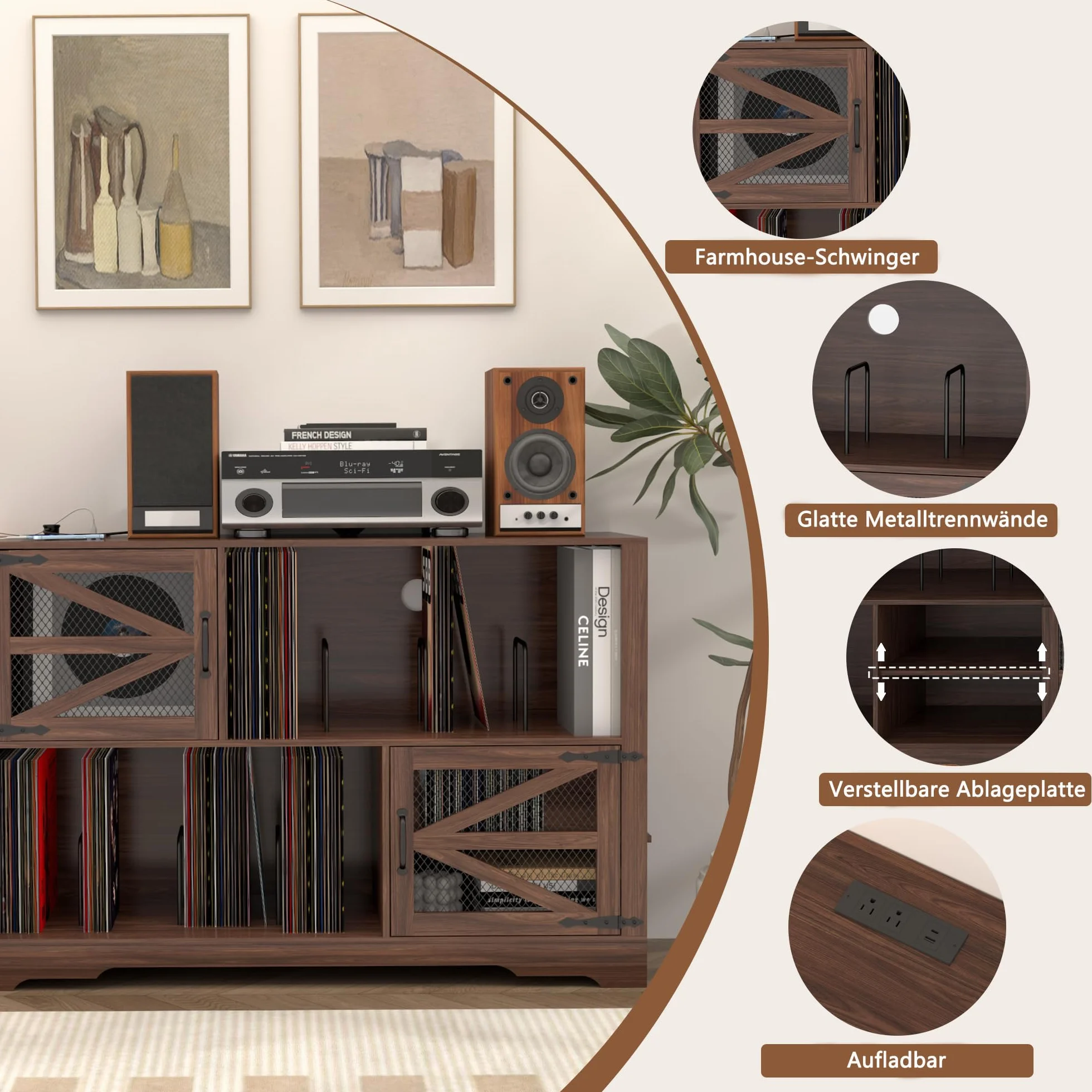 MDF Mueble para Discos de Vinilo con Acabado Nogal,Soporte para 500+ Vinilos, 2 Enchufes & 2 USB, Antivuelco, Mueble Compacto para Salón y Tocadiscos,Color Nogal