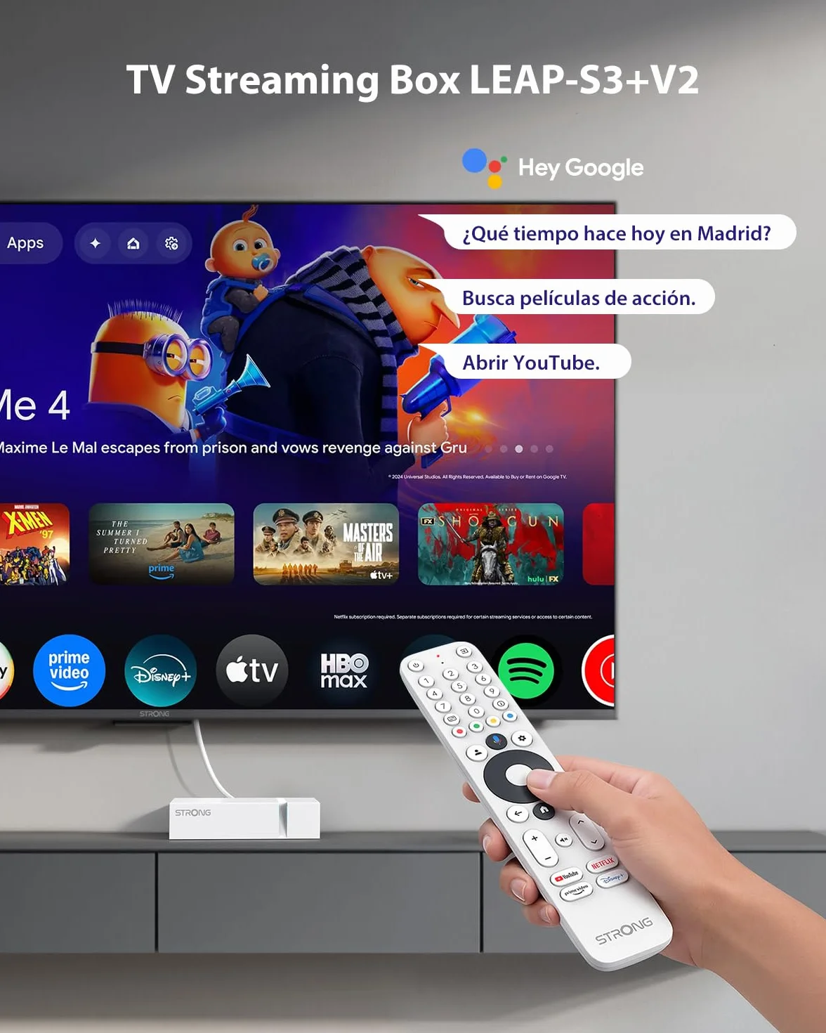 STRONG Leap-S3+V2 Streaming Smart TV Box 4K UHD 2GB RAM 16GB HDR10+ Dolby Vision WiFi 5 BLE 5 Ethernet RJ45 Asistente de Voz Blanco