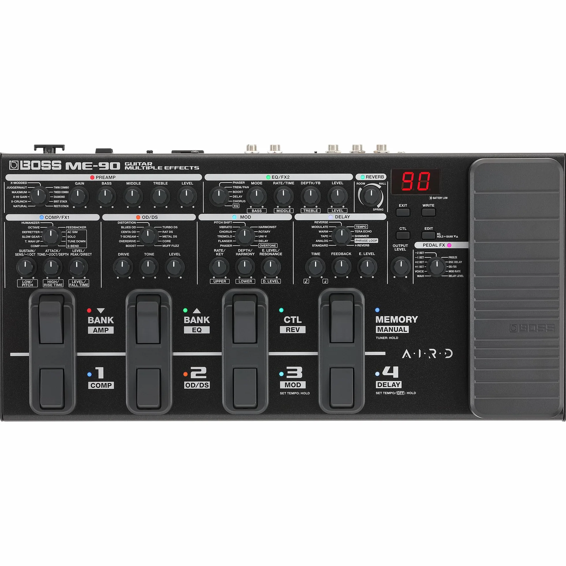 Multiefectos de guitarra BOSS ME-90 | Procesador de guitarra todo en uno | 11 modelos de ampli AIRD integrados | 60 efectos procedentes del GT-1000 | 8 conmutadores de pedal multifunción