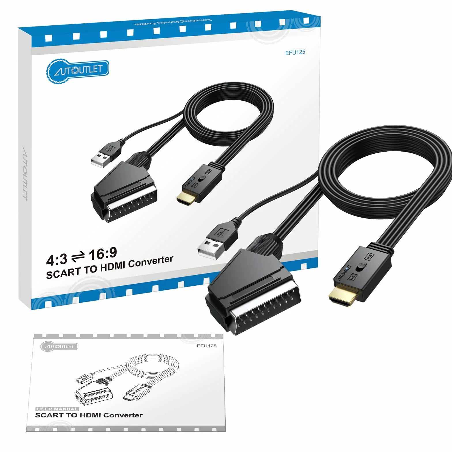 AUTOUTLET Conversor Euroconector a HDMI 1080P 720P - Soporta 16:9/4:3, PAL/NTSC - Cable SCART a HDMI 150cm para HDTV, DVD, BLU-Ray, VCR, Proyector