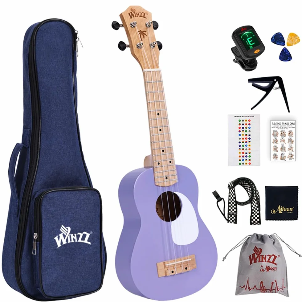 Winzz Ukelele Soprano Infantil, Ukelele Set para Niños y Adulto Principiante, con 9 Accesorios, 21 Pulgadas 4 Cuerdas (Color: Violeta, Madera)