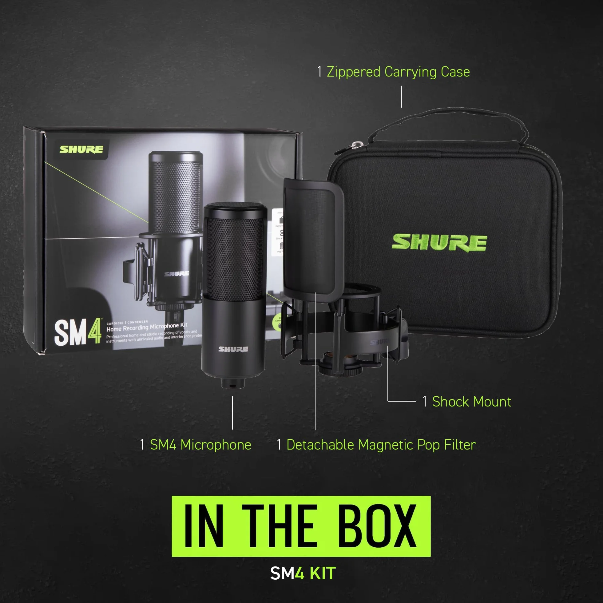 Shure SM4 Kit de Micrófono de Estudio, Micrófono de Condensador para Estudio en Casa con Conexión XLR Optimizado para Voces Suaves e Instrumentos Ruidosos con Audio Listo para Mezclar (SM4-K-KIT)
