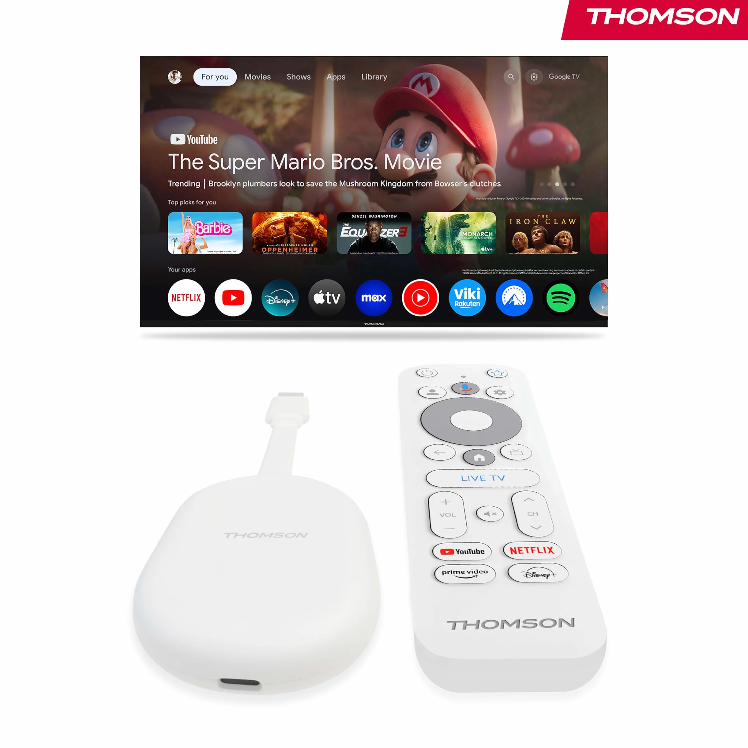 Thomson Go Cast 152 Dongle de Streaming, 4K UHD Google TV, Control por Voz, Google Cast, Dolby Atmos, Dolby Digital+, HDR10, Portátil, 2 GB RAM, 32 GB Memoria – Blanco