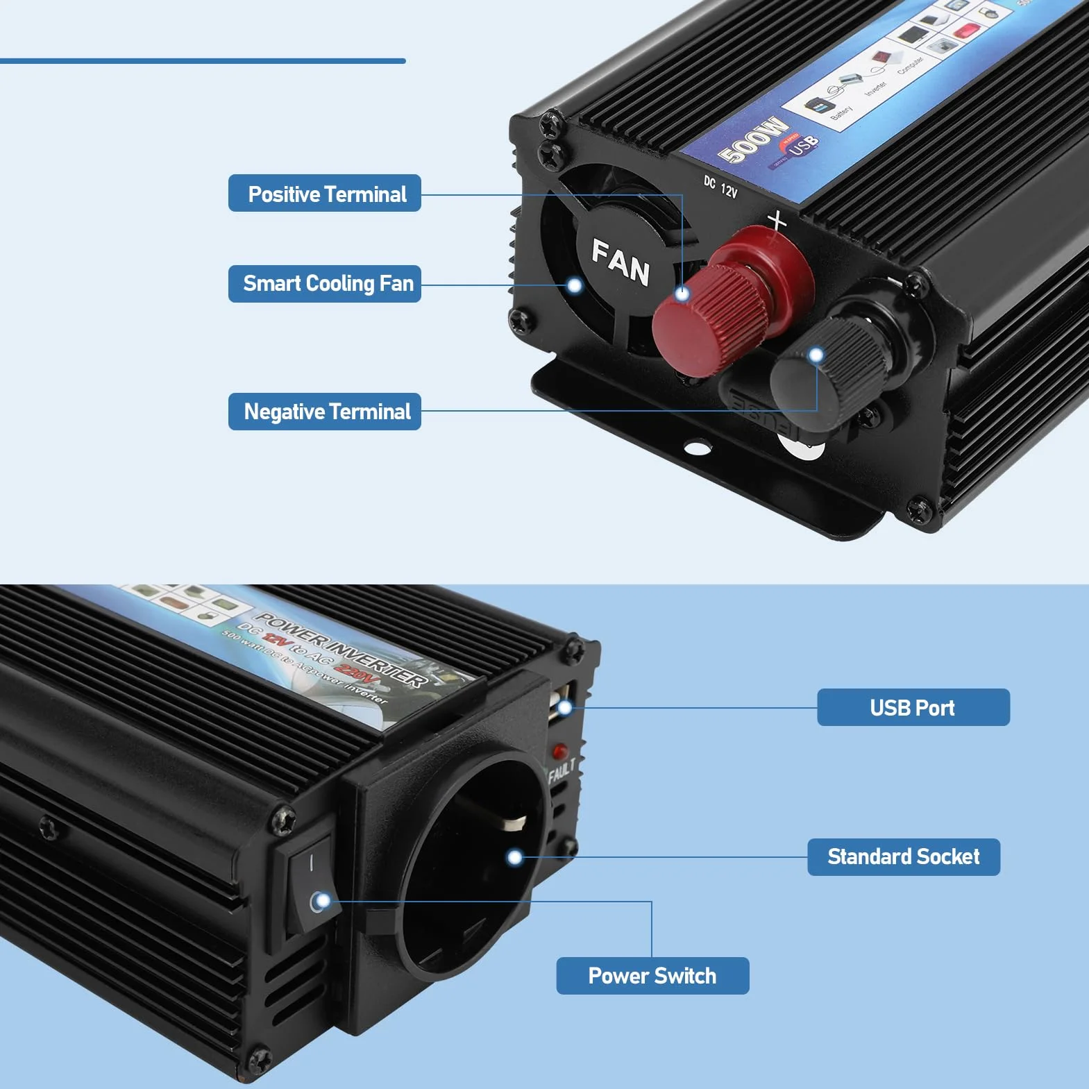 Inversor 12 V a CA 220 V de Corriente de 350W CC Adaptador de Enchufe para Automóvil Convertidor de Enchufe para Cargue Sus Dispositivos Electrónicos en Autocaravanas, Furgoneta & Coche