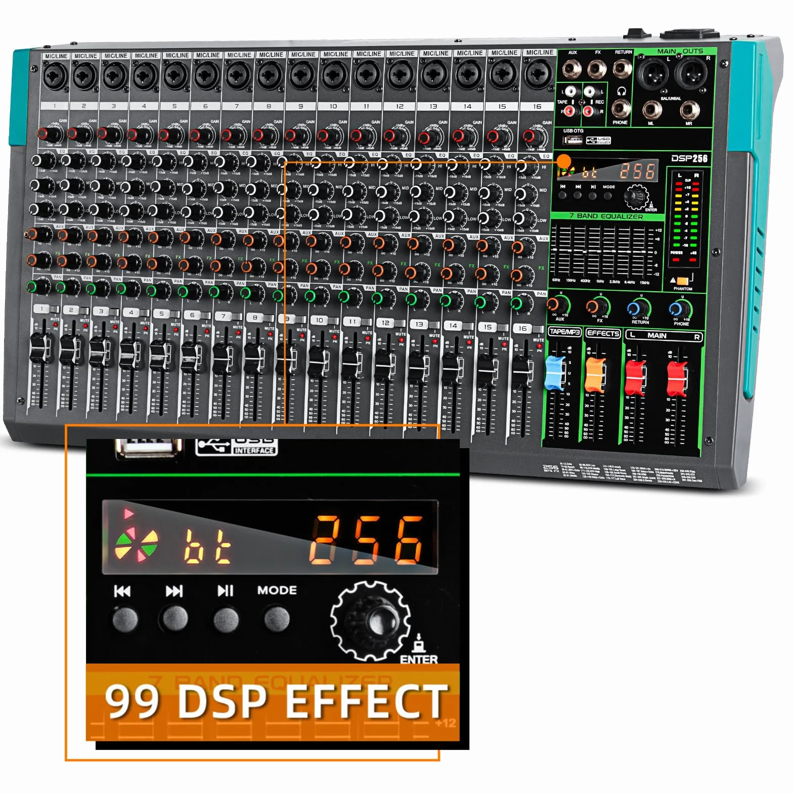 Depusheng PA16 mezclador profesional consola de interfaz de sistema de escritorio 16 canales digital USB Bluetooth MP3 48V alimentación fantasma incorporada 256 efecto de reverberación