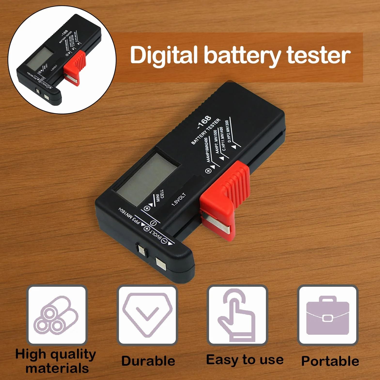 BT-168D Comprobador de Pilas Digital, Medidor Carga Pilas Universal con Pantalla LCD para AAA AA C D 9V 1.5V y Pilas de Botón