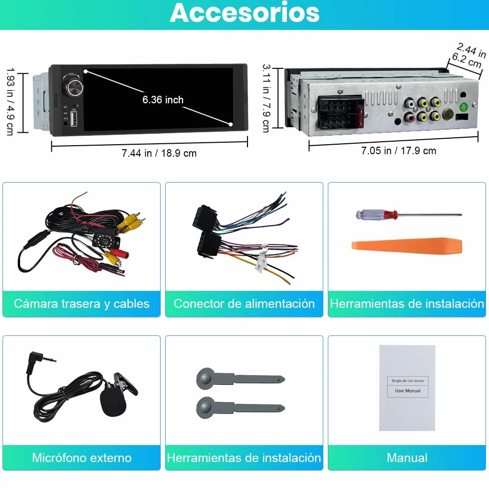 Junsun 6.36 Pulgadas 1 DIN Radio Coche Universal con Pantalla Táctil, con CarPlay/AndroidAuto/Admite Carga Type-C/USB/Micrófono/FM/EQ/WiFi/GPS/Bluetooth 5.0/USB/SWC y Cámara Trasera con Cable 6M