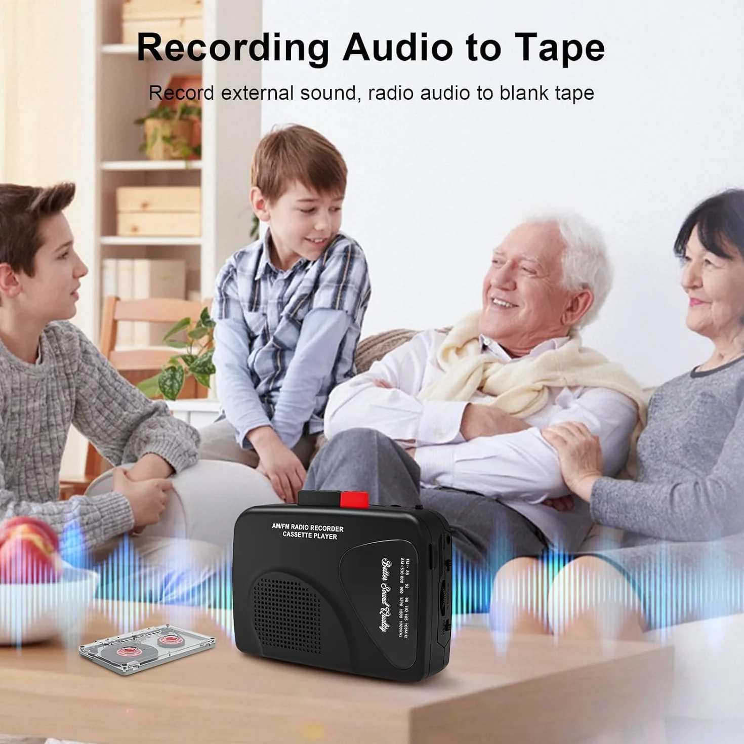 Reproductor de casete portátil con radio AM/FM, altavoz integrado, negro