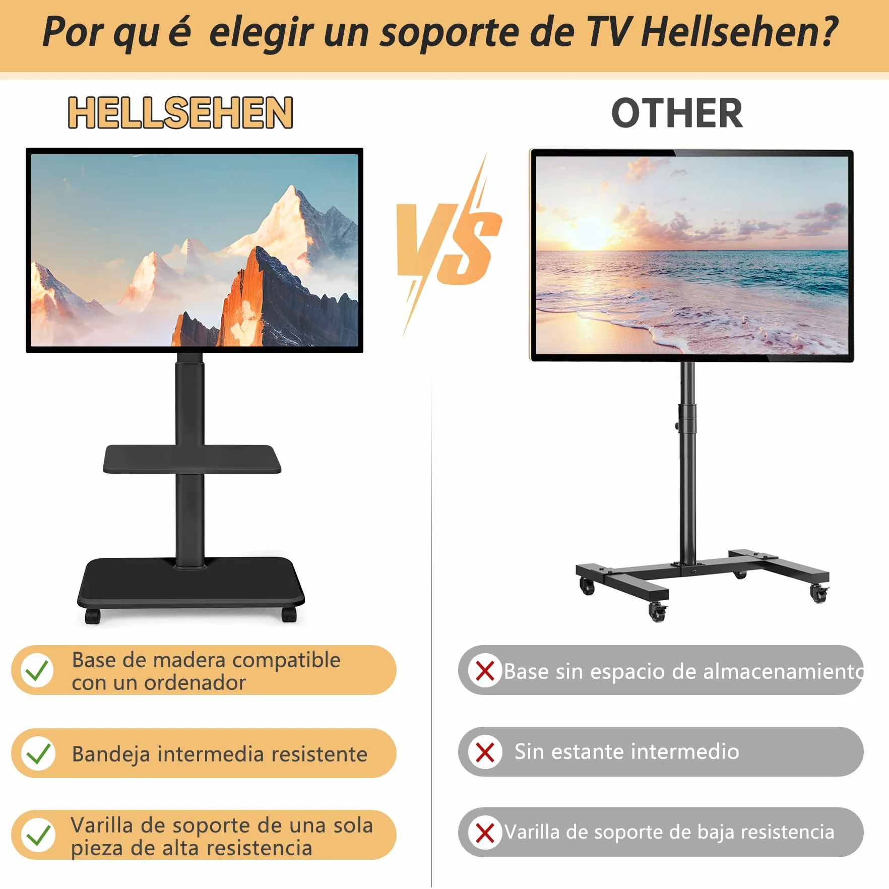 Soporte de TV con Ruedas para Pantallas LED LCD OLED 32"-70", 100 Libras, Altura Ajustable, Carrito Móvil, Negro