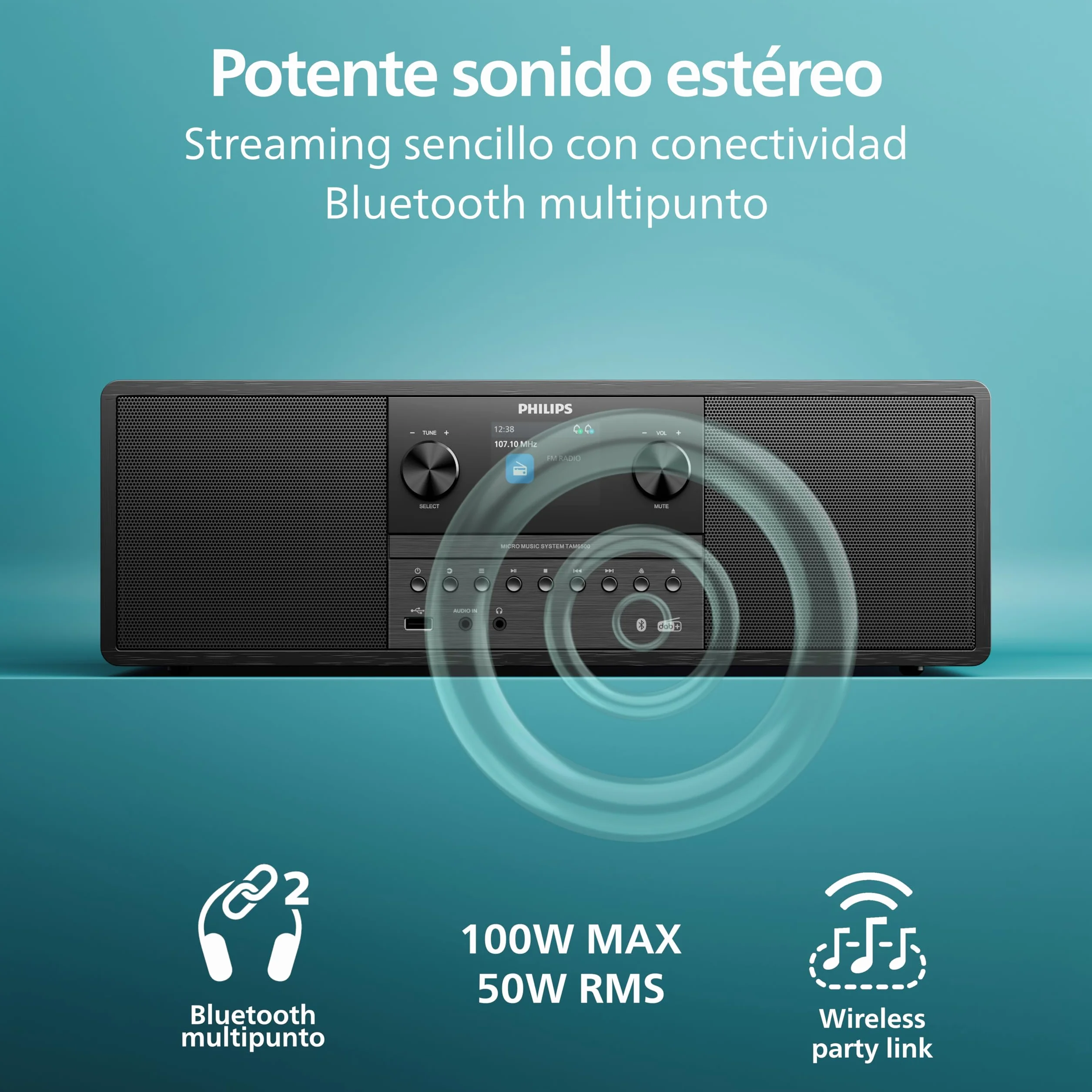 Philips TAM6500/10 Sistema de música Micro 100 vatios, Bluetooth 6.0, Auracast, Radio Dab+/FM, CD/USB/Entrada Audio, Altavoces Bass‑Reflex, Pantalla Color, Mando Distancia, Plástico Reciclado – Negro