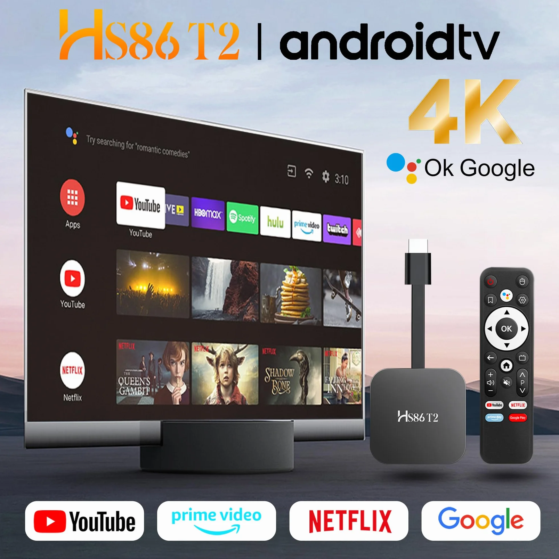 Barra de transmisión Android TV 14.0, barra de transmisión Smart TV 2 GB RAM 16 GB ROM, chip RK3518, WiFi dual 2,4 G/5,8 G, BT5.0, HDMI 2.0 y HD 4K, control remoto por voz compatible con video y audio