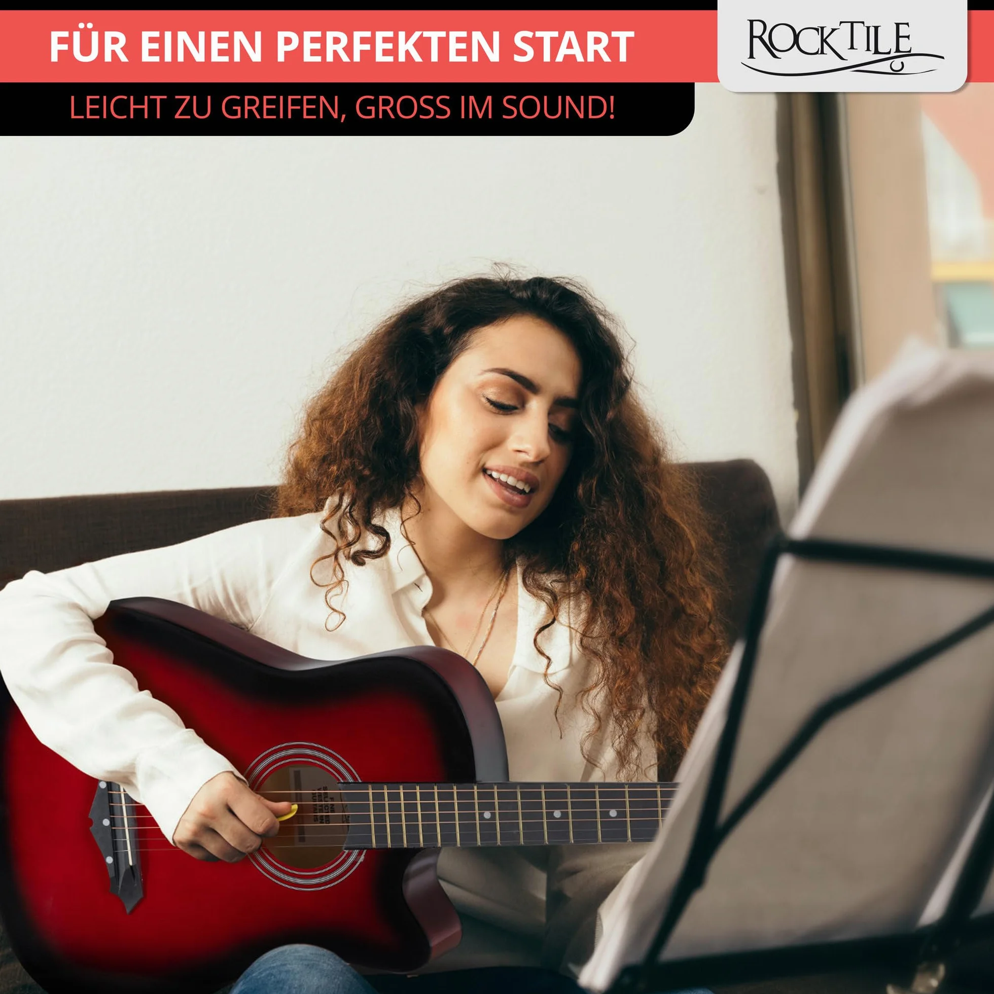Rocktile WSD-5C-RDB Slim Line Set de Guitarras Western - Guitarra Acústica Dreadnought - Cuerpo de Tilo - Mástil: Catalpa - Set incluye funda, cuerdas de repuesto, correa y púas - Redburst