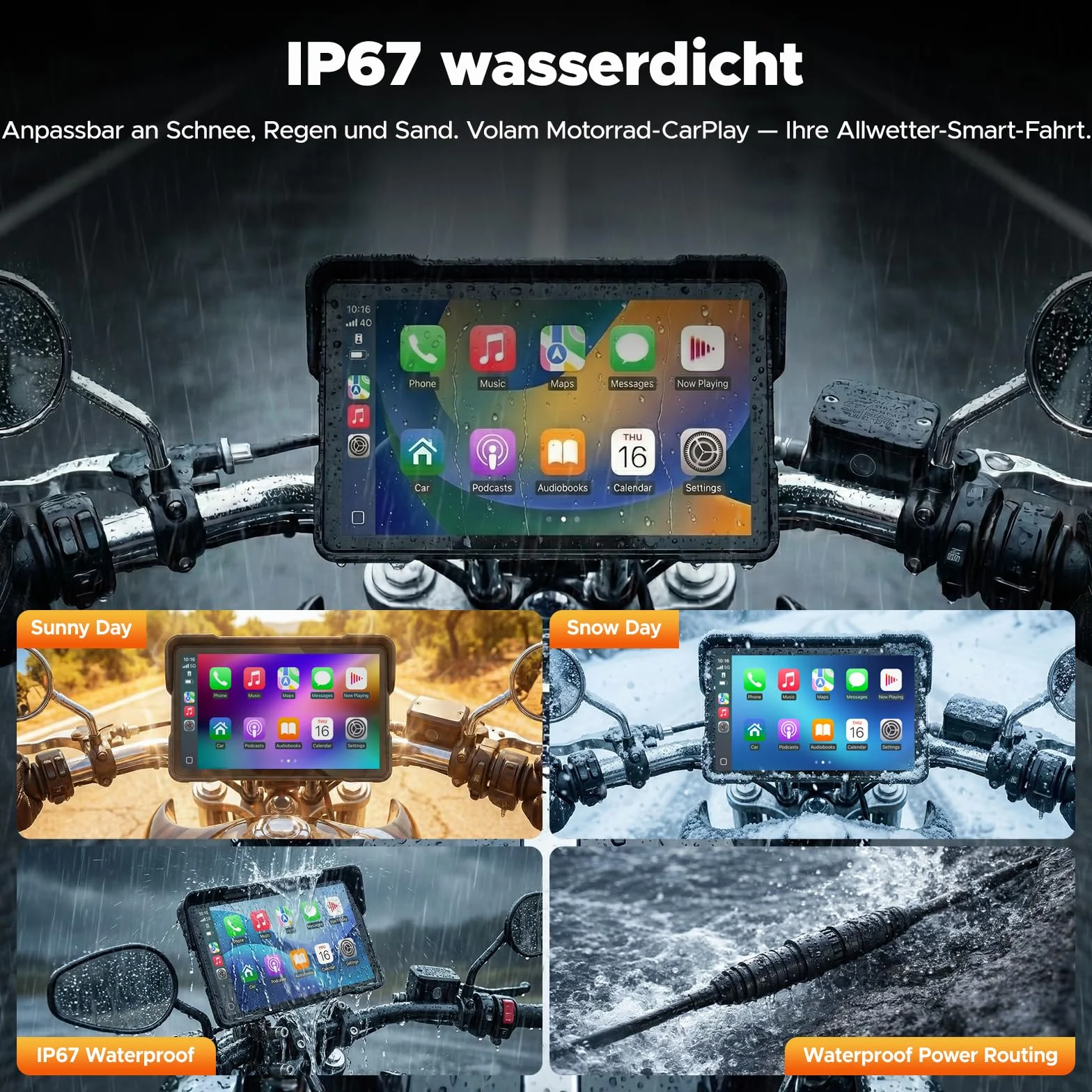 Volam Pantalla Carplay para Motocicleta, CarPlay y Android Auto Inalámbricos, 7 Pulgadas Pantalla Táctil Impermeable IP67 con Navegación GPS, Doble Bluetooth, Asistente de Voz, Plug y Play