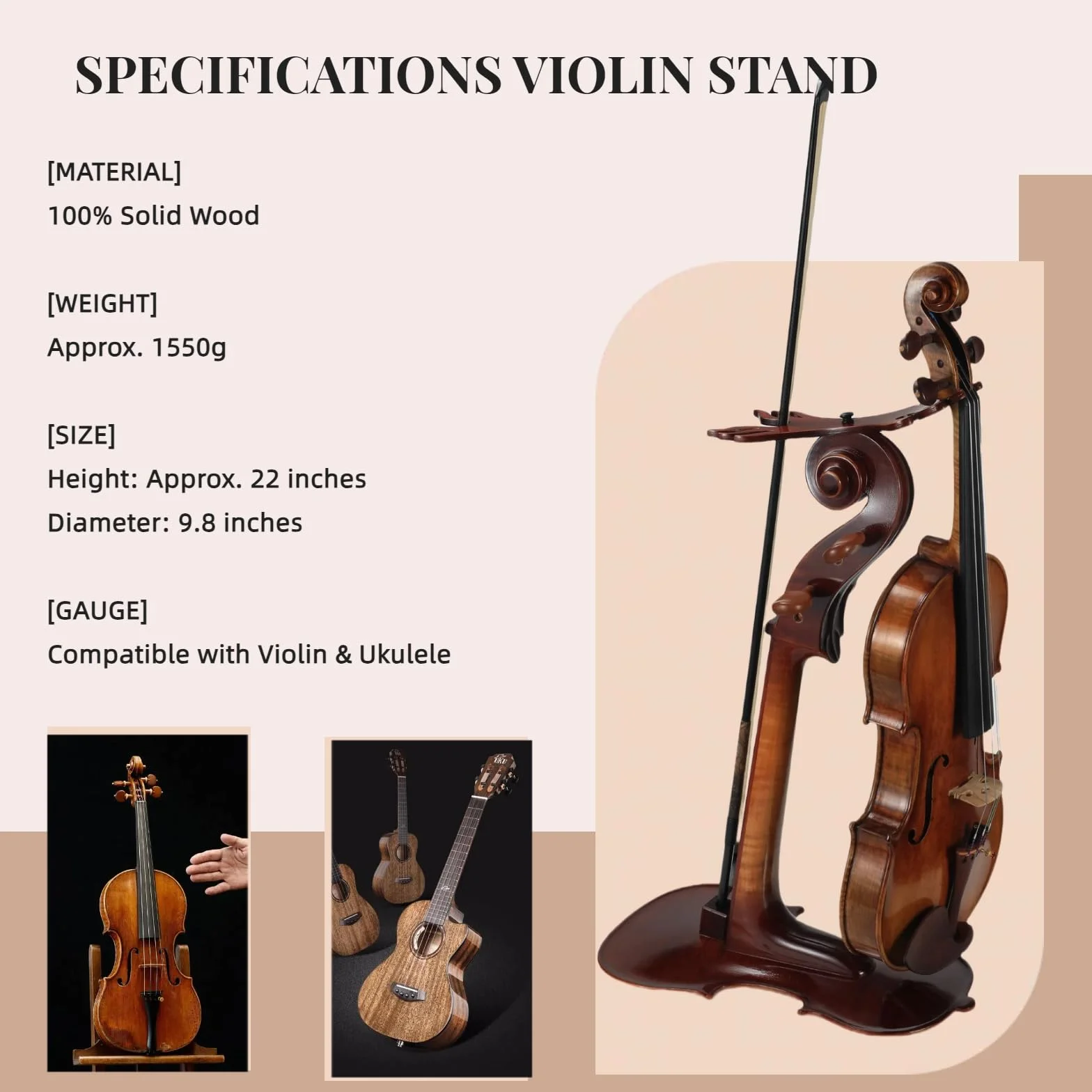 Soporte para violín de madera maciza y soporte para arco con diseño intrincado de corte pasado, forma de violín, hecho a mano, artístico, resistente y colgador de violín y arco, soporte de exhibición,