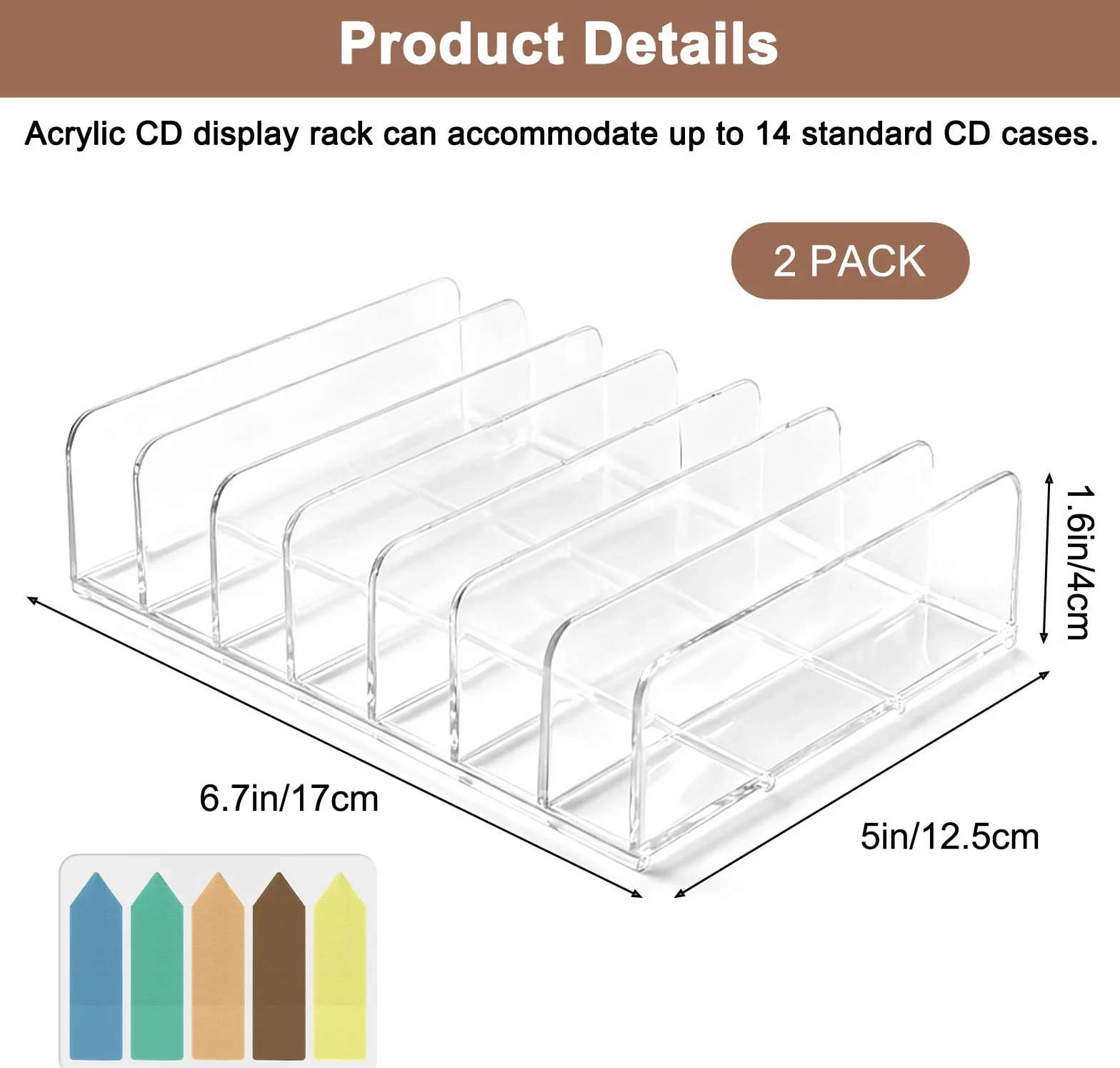 VOSSOT 2 Unidades de Soporte Transparente para CD de Acrílico, Estantería de Almacenamiento para CD/DVD, Organizador de Cosméticos, Tocador, Organizador para Casetes y Juegos, 17 × 12,5 × 4 cm