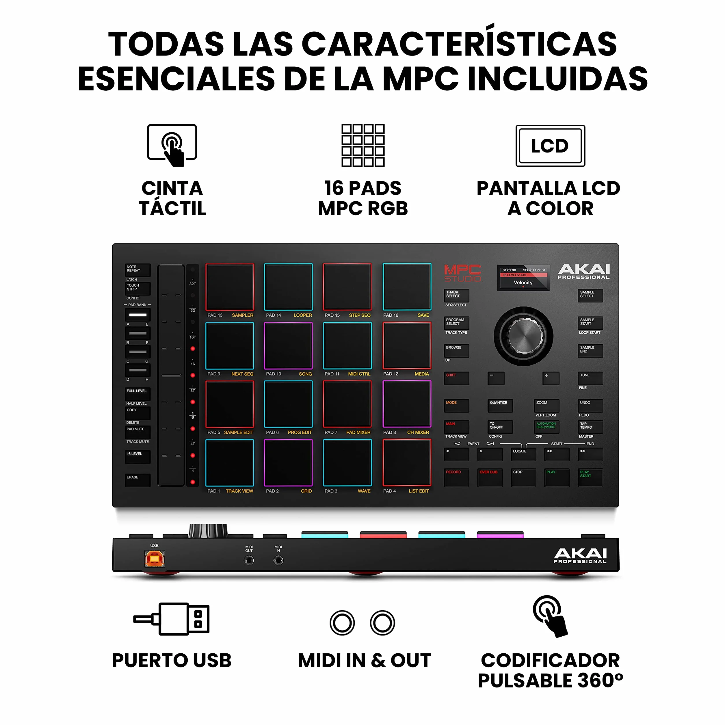 Akai Professional MPC Studio - Controlador MIDI Beat Maker con 16 pads RGB sensibles a la velocidad, software MPC, Touch Strip asignable y pantalla LCD