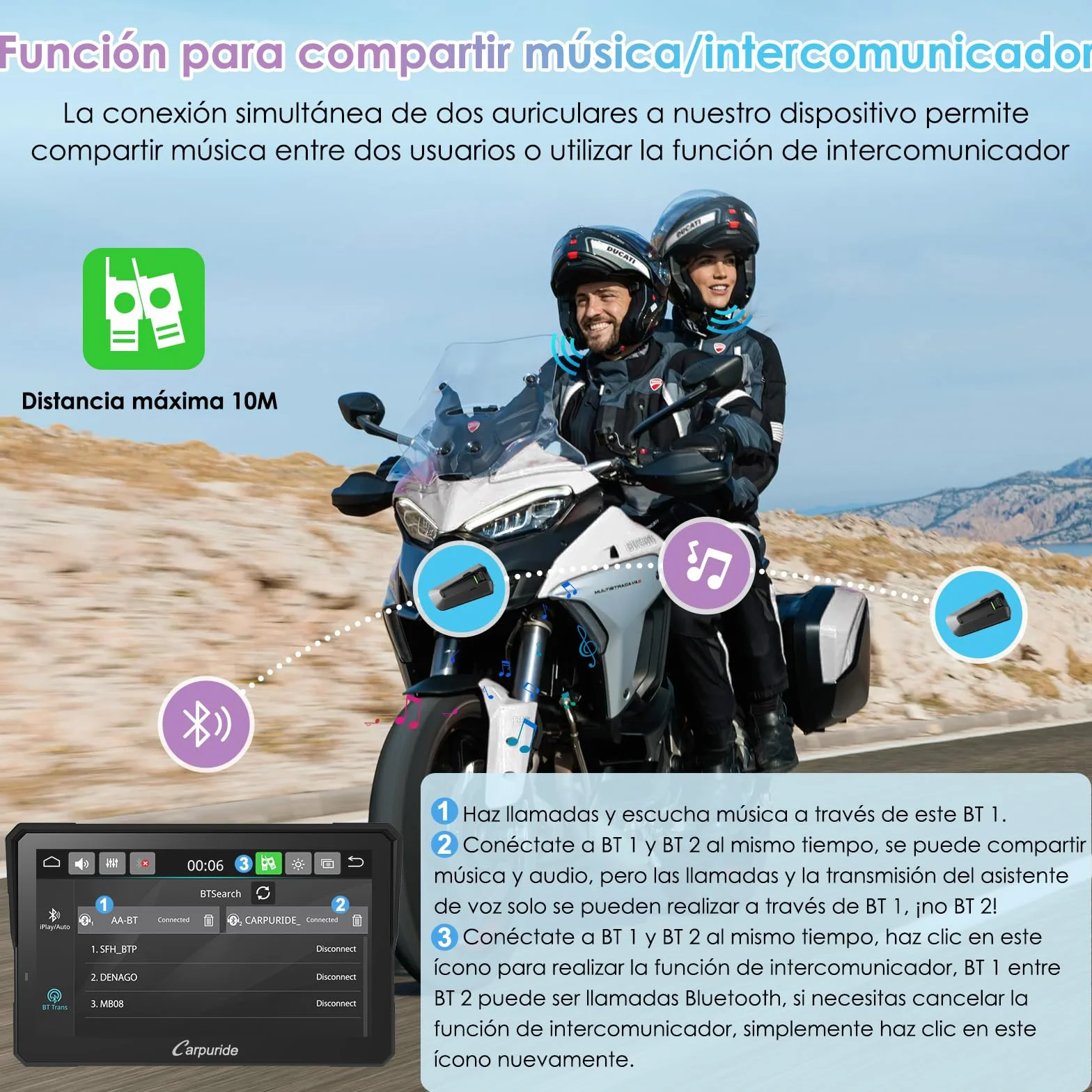 CARPURIDE W702S Pro Motocicleta CarPlay 7" Impermeable Táctil Pantalla Inalámbrico Android Auto Dual Bluetooth